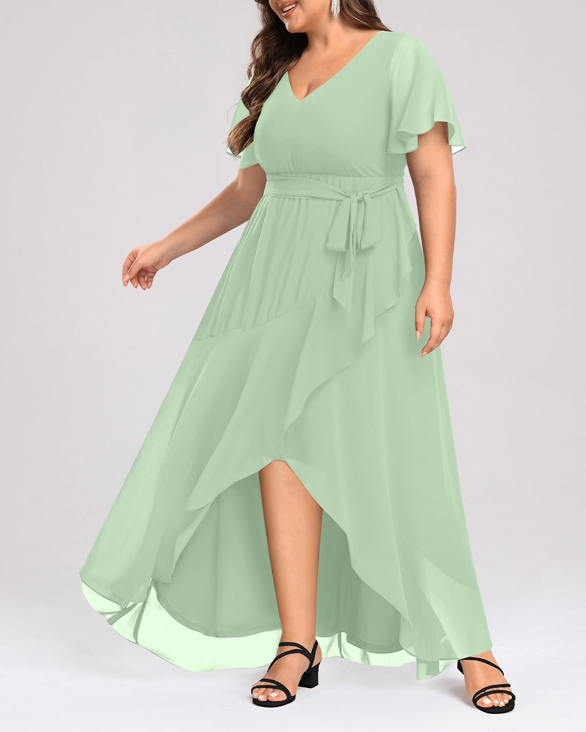 Elegant Plus Size Long Chiffon Dress with High-Low Hem & Ruffle Detail - Formal Evening Gown for Wedding Guest, Bridesmaid & Special Occasions | Perfect for Galas, Proms & Black Tie Events