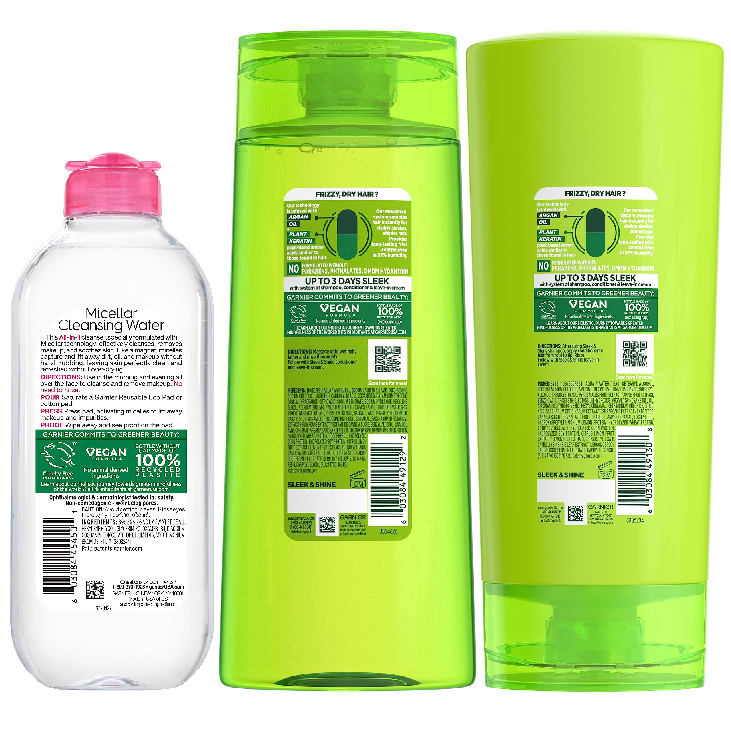 Garnier Back to School Hair Care Bundle - Micellar Cleansing Water (400mL) + Fructis Sleek & Shine Shampoo (22oz) & Conditioner (21oz) - 3-Piece Kit for Smooth, Shiny Hair - Perfect for Daily Hair Wash Routine & School Essentials (Packaging May Vary)