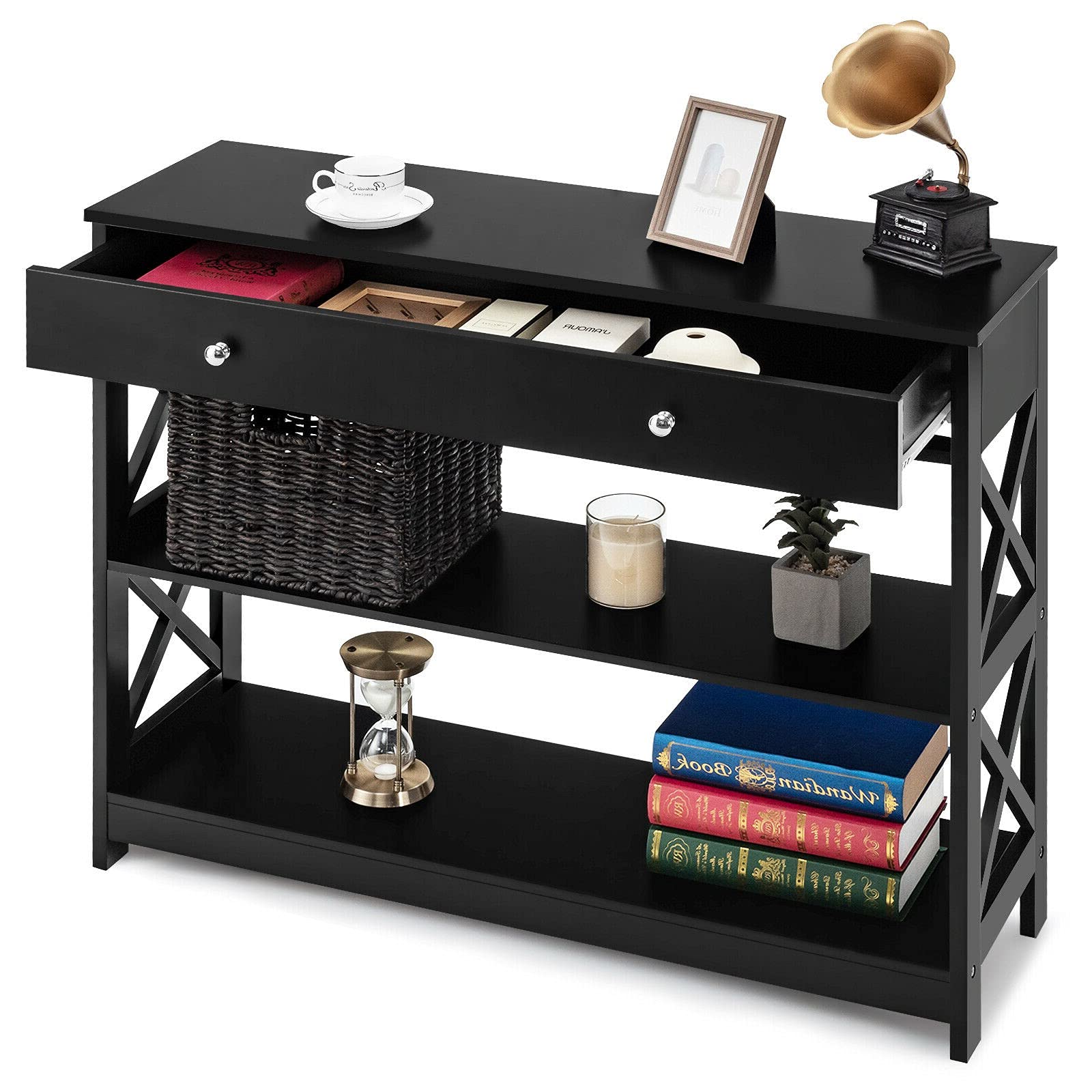 Black 3-Tier Entryway Console Table with Large Drawer & 2 Storage Shelves - Hallway Sofa Side Table, TV Stand, Bookshelf for Living Room, Bedroom - Perfect for Organizing Books, Photo Frames, Toys, Keys & Sunglasses