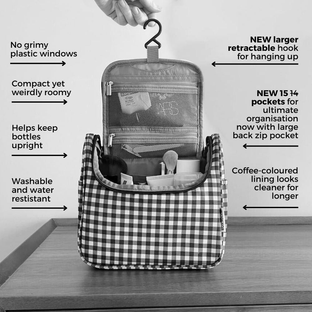 Bon Voyage Travel Toiletry Bag - Black Houndstooth Pattern Cosmetic Organizer for Women & Men | Perfect for Airplane Carry-on, Gym, Camping & Business Trips