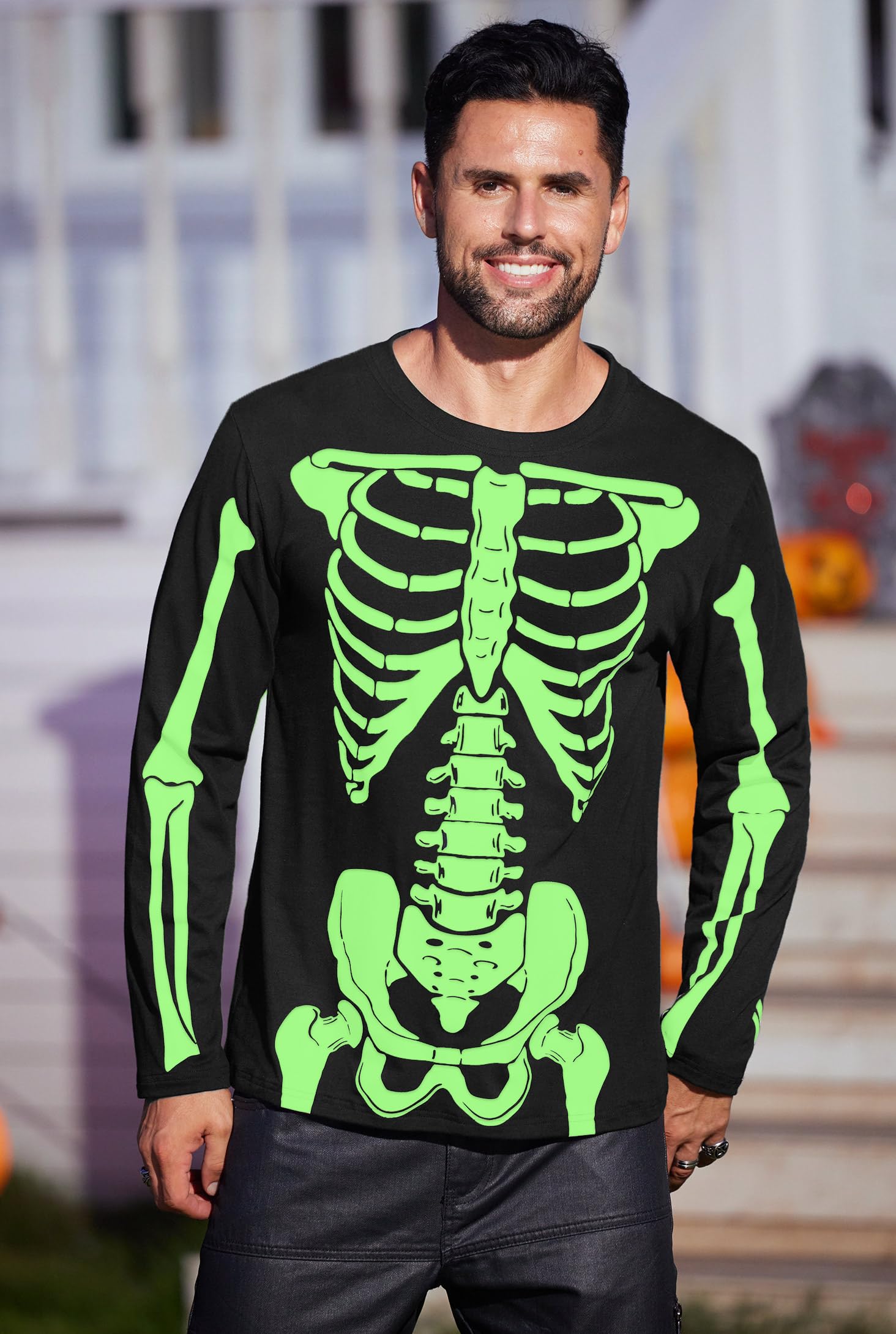 Arvilhill Men's Halloween T-Shirt - Jack O' Lantern Skeleton Design Long Sleeve Shirt | Glow in The Dark | Sizes S-3XL | Perfect for Halloween Parties, Costume Events & Spooky Night Outfits