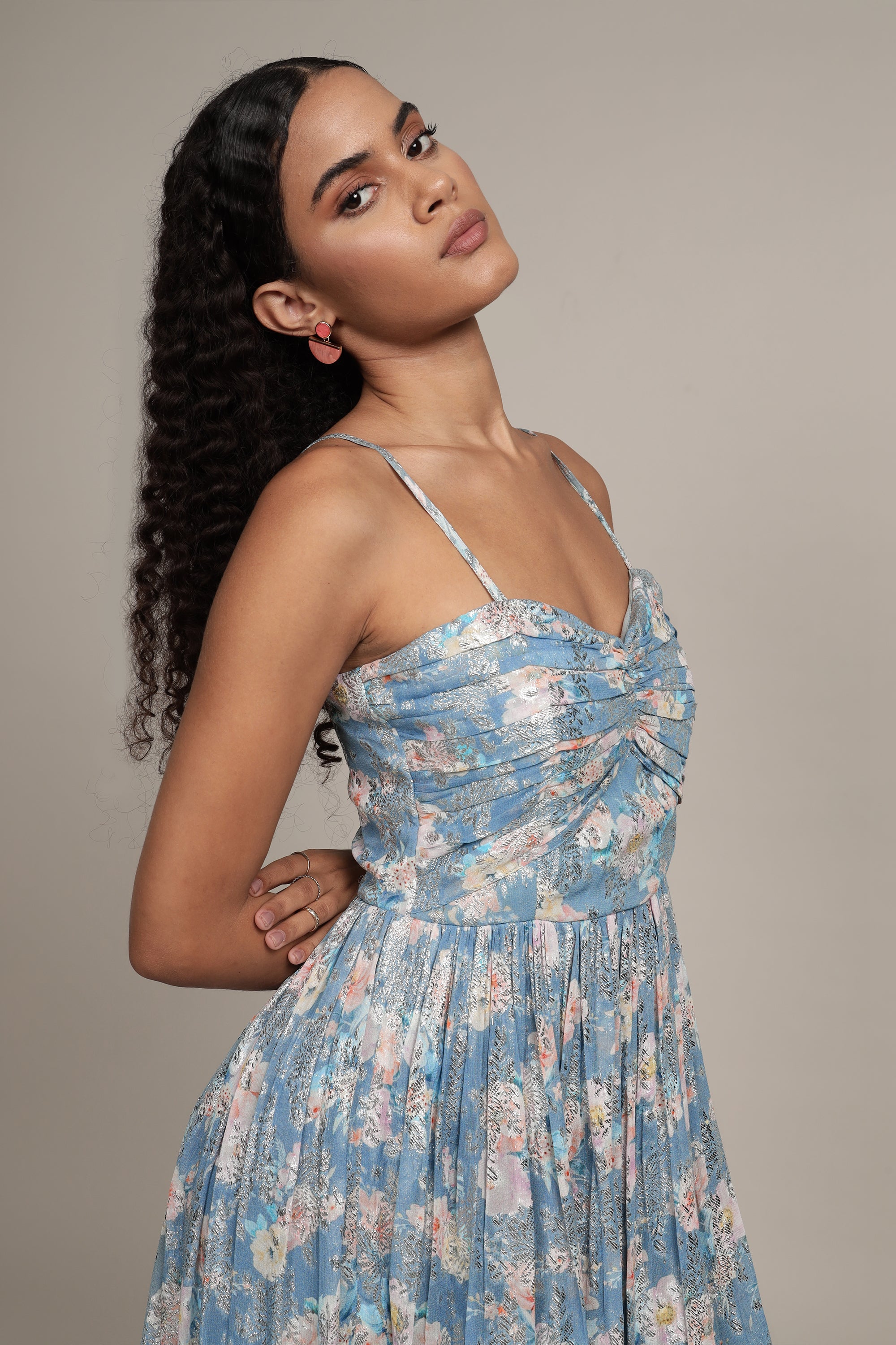 Nelex Metallic Printed Midi Dress - Blue Floral Elegant Party Dress for Women | Perfect for Cocktail Parties, Weddings & Date Nights