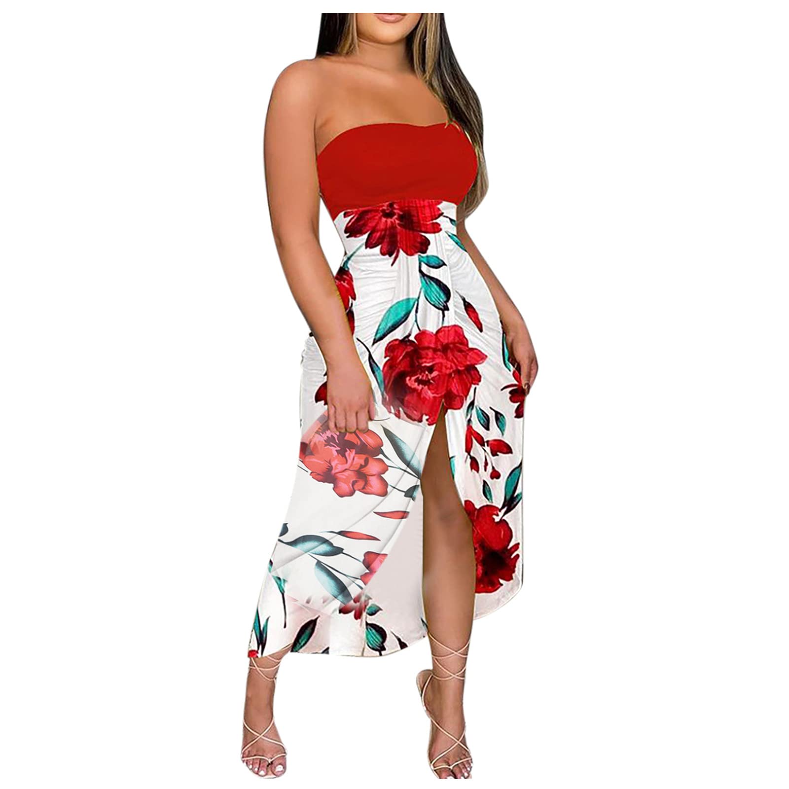 Women's Floral Print Off Shoulder Strapless Maxi Dress - Casual Beach Wrap Dress with Split Hem for Summer Vacations & Outdoor Parties