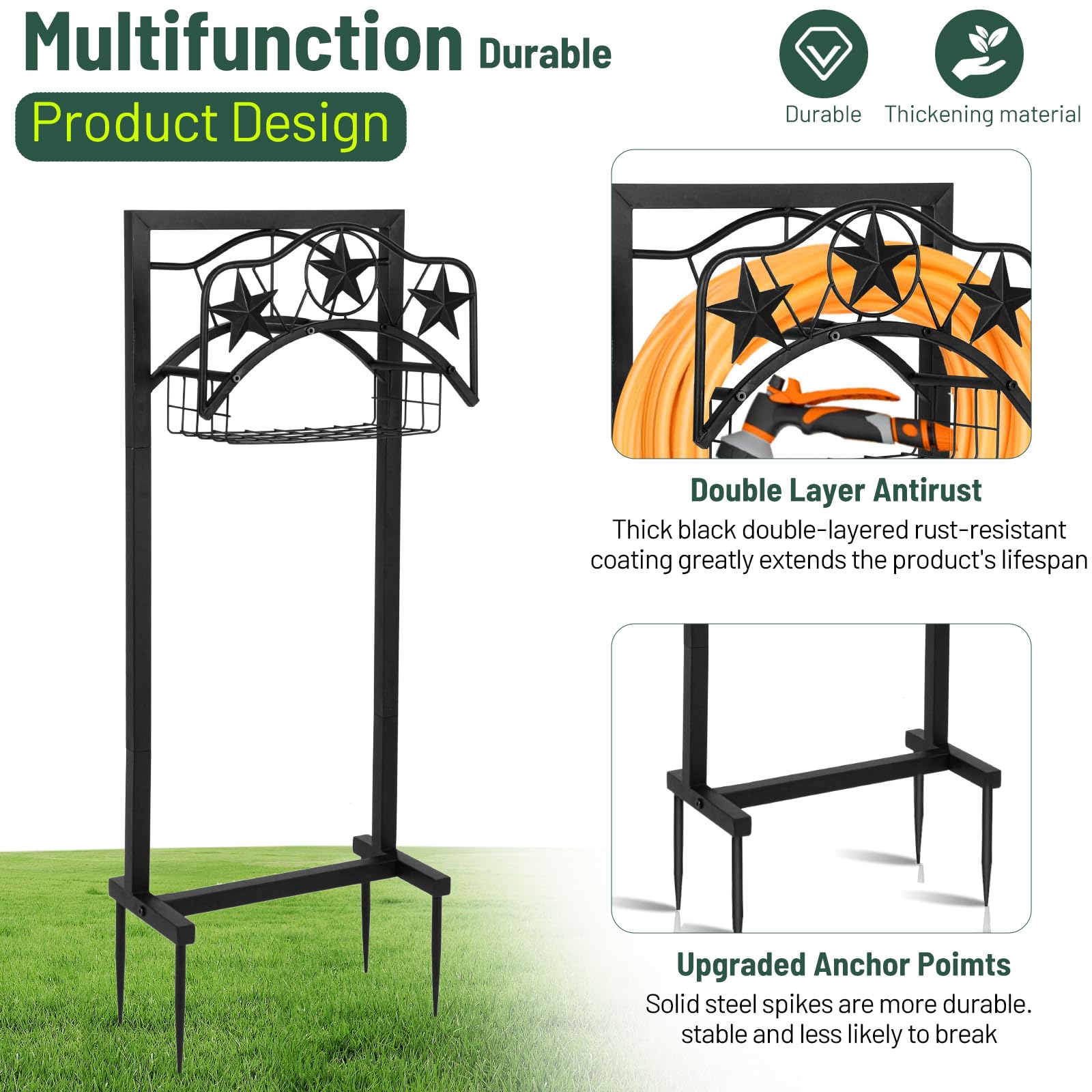 Upgraded Freestanding Heavy Duty Rustproof Metal Garden Hose Holder for Outside - Black with 4 Spikes | Perfect for Lawn, Yard & Garden Watering Organization