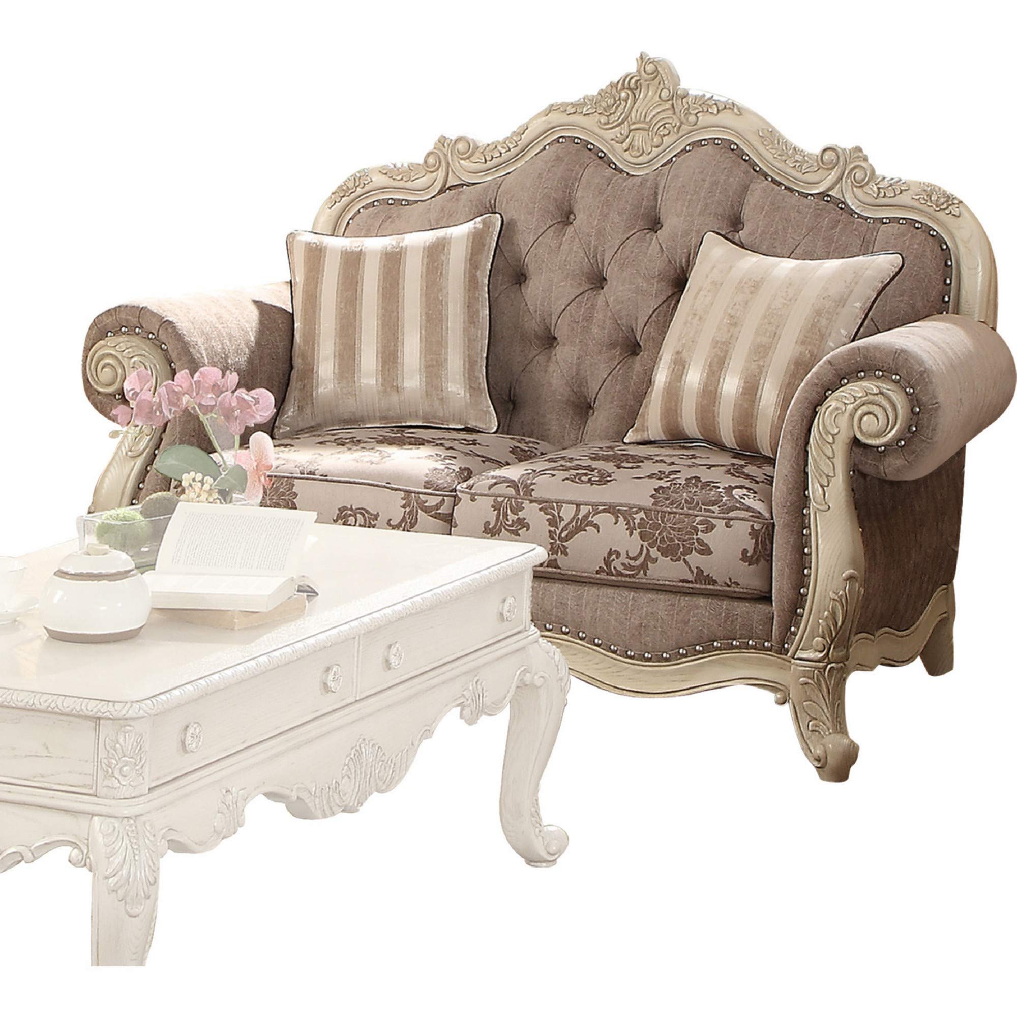 Benjara Scrolled Crown Top Fabric Loveseat with Cabriole Legs in Gray & White - Perfect for Living Rooms, Sitting Areas & Home Decor