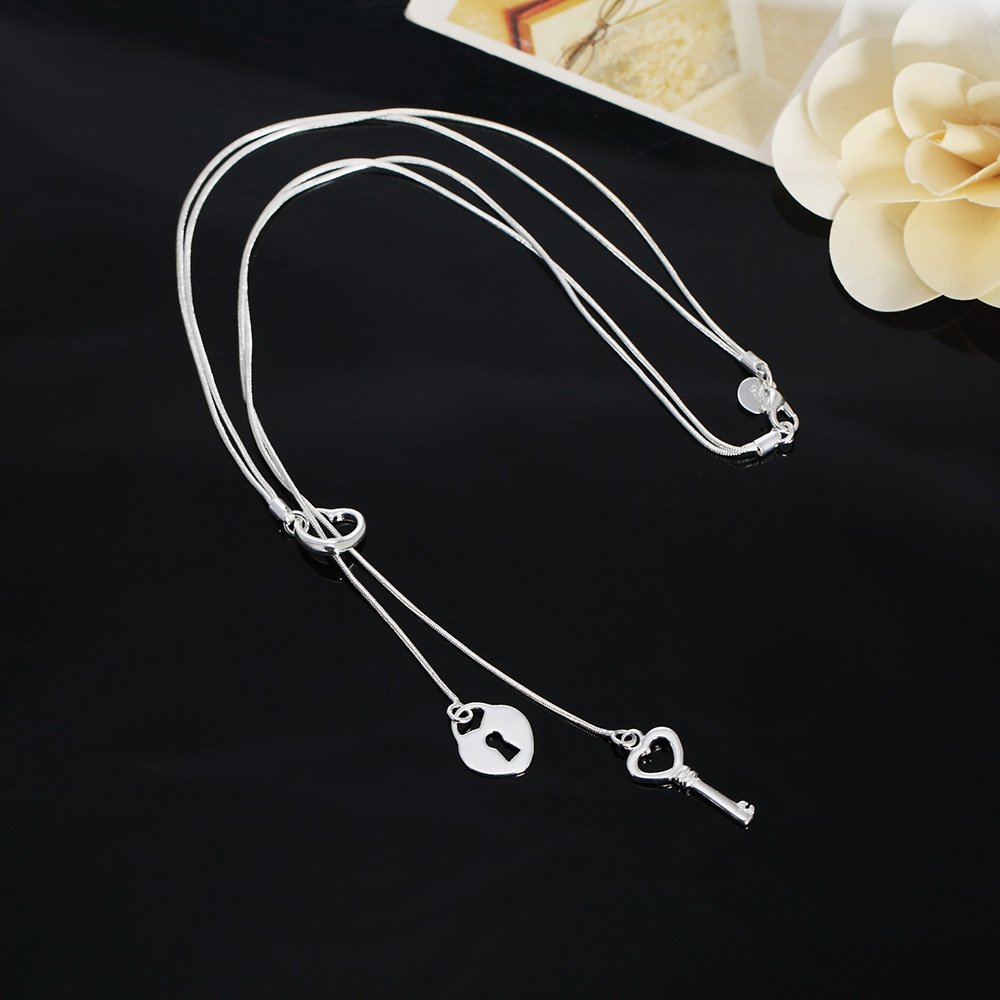 925 Sterling Silver Love Heart Key Lock Pendant Necklace for Women - Elegant Fashion Jewelry Gift for Valentine's Day, Anniversary & Romantic Occasions