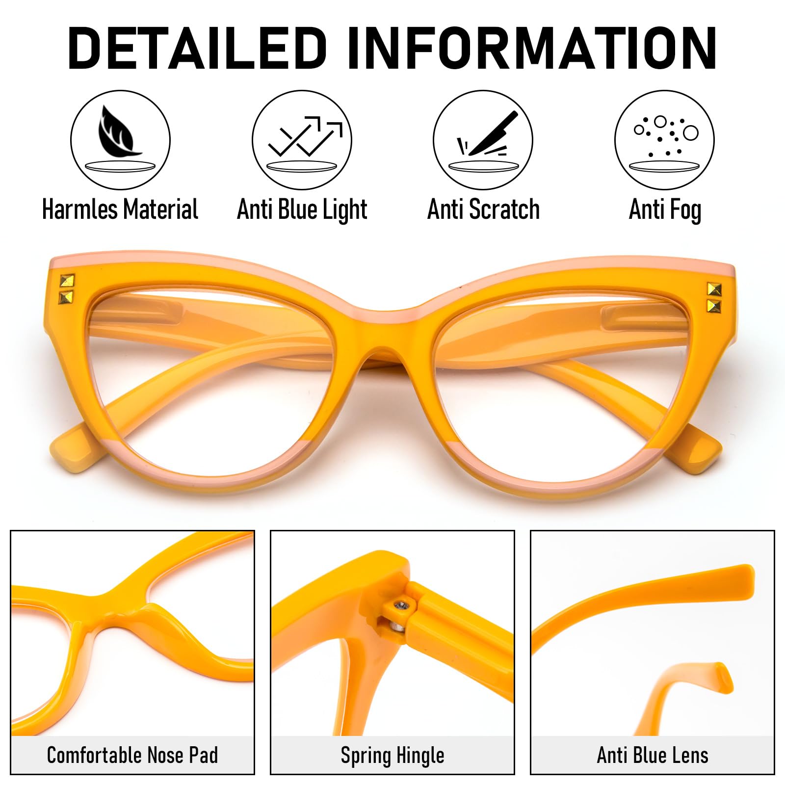 KoKoBin Blue Light Blocking Cat Eye Reading Glasses - 3 Pack Fashion Computer Glasses with Spring Hinge for Women - Perfect for Office Work, Screen Time & Digital Eye Strain Relief