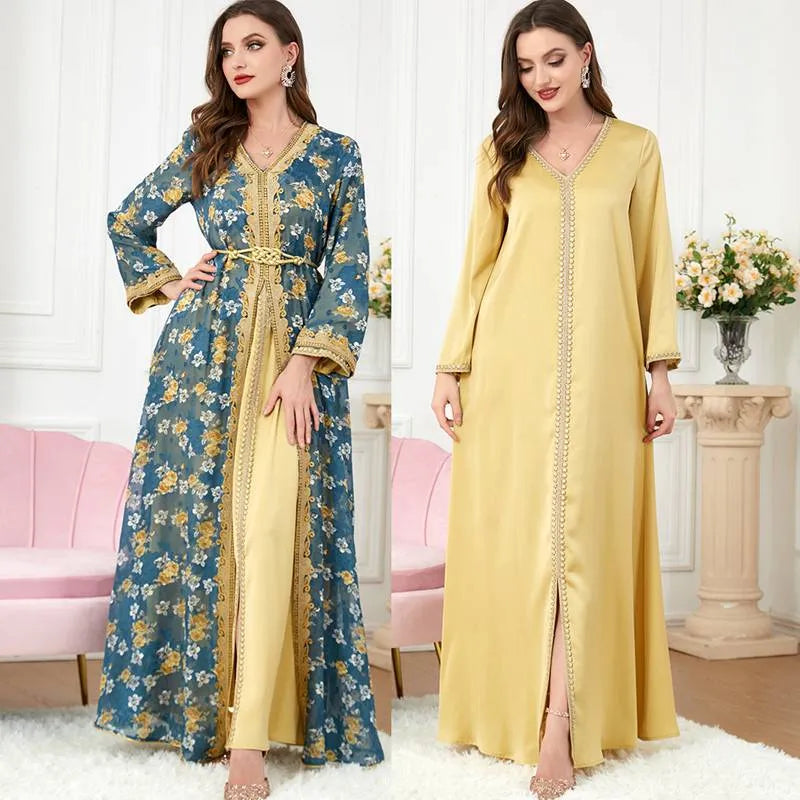 Elegant 2-Piece Eid Dress Set - Floral Printed Kaftan with Satin Lining | Muslim Women's Holiday Outfit for Special Occasions & Celebrations