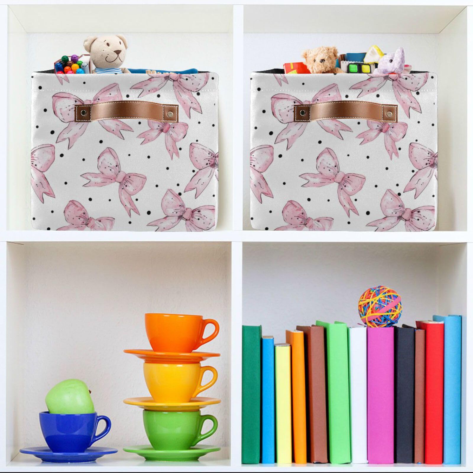 Cartoon Bow Large Square Storage Basket Bin with Handles 2PCS, Foldable Multi-Functional Closet Organizer for Toys, Books, Clothes - Perfect for Kids Room, Nursery, and Home Organization