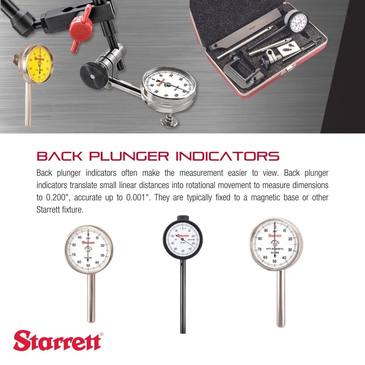 **Starrett 196B1 Universal Dial Test Indicator Set - 0-100 Reading, 200