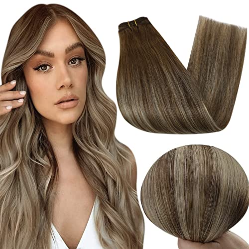 Premium 22 Inch Full Shine Human Hair Weft Extensions - Blonde Ombre (Color 6 Brown to 60 Blonde) | 100% Remy Brazilian Hair | 6-Piece Sew-In Weft Bundle (100g) for Women - Perfect for Volume Boosting, Styling & Special Occasions
