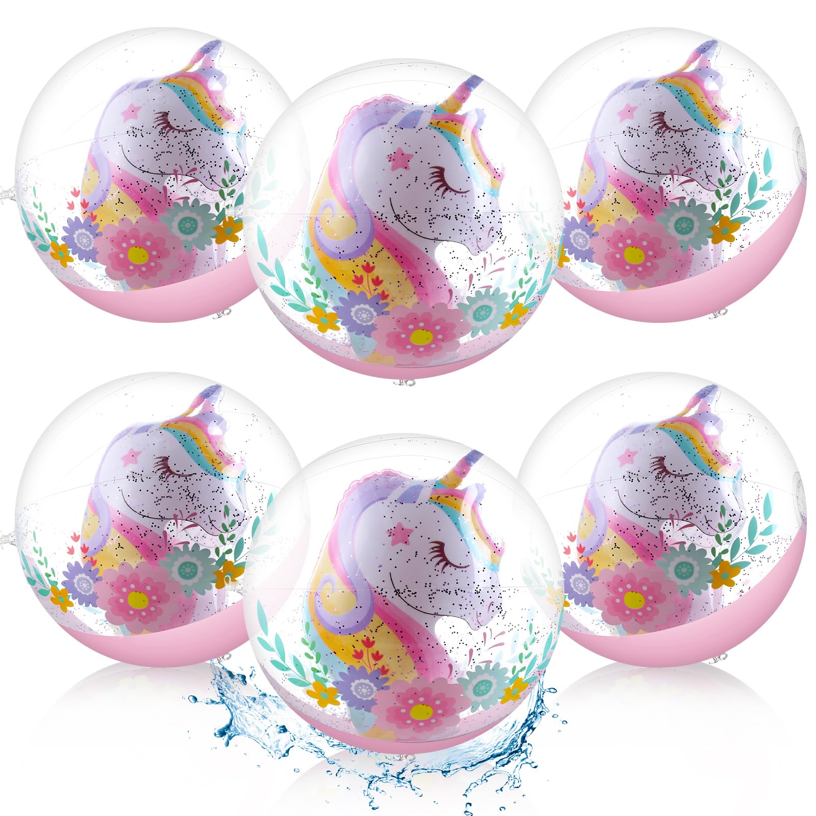 **6-Pack 12-Inch 3D Unicorn Glitter Inflatable Beach Balls – Clear Swimming Pool Toys for Kids, Summer Birthday Party Supplies, Indoor & Outdoor Water Games – Perfect for Beach, Pool, Backyard Fun**