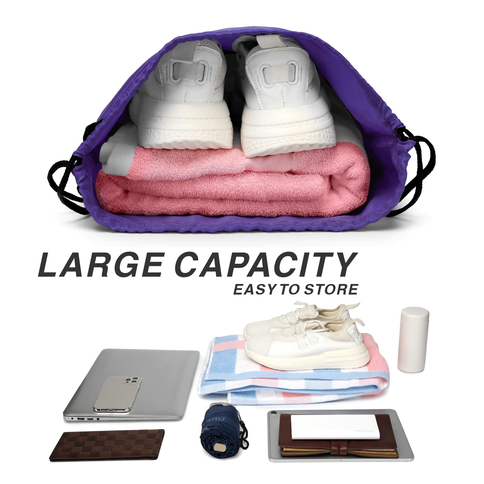 **Foldable 210D Nylon Drawstring Backpack with Zipper Side Pocket - Lightweight Sports Gym Sack for Men & Women (Purple) - Perfect for Travel, Workout & School**
