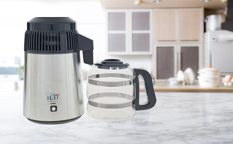H2O Labs Premium Stainless Steel Countertop Water Distiller with 1 Gallon Glass Carafe - Pure Distilled Water Maker for Home, Office, and RV Use - Includes Porcelain Nozzle & High-Efficiency Heating Element - Model 300SS - Perfect for Drinking, Cooking, and Baby Formula Preparation
