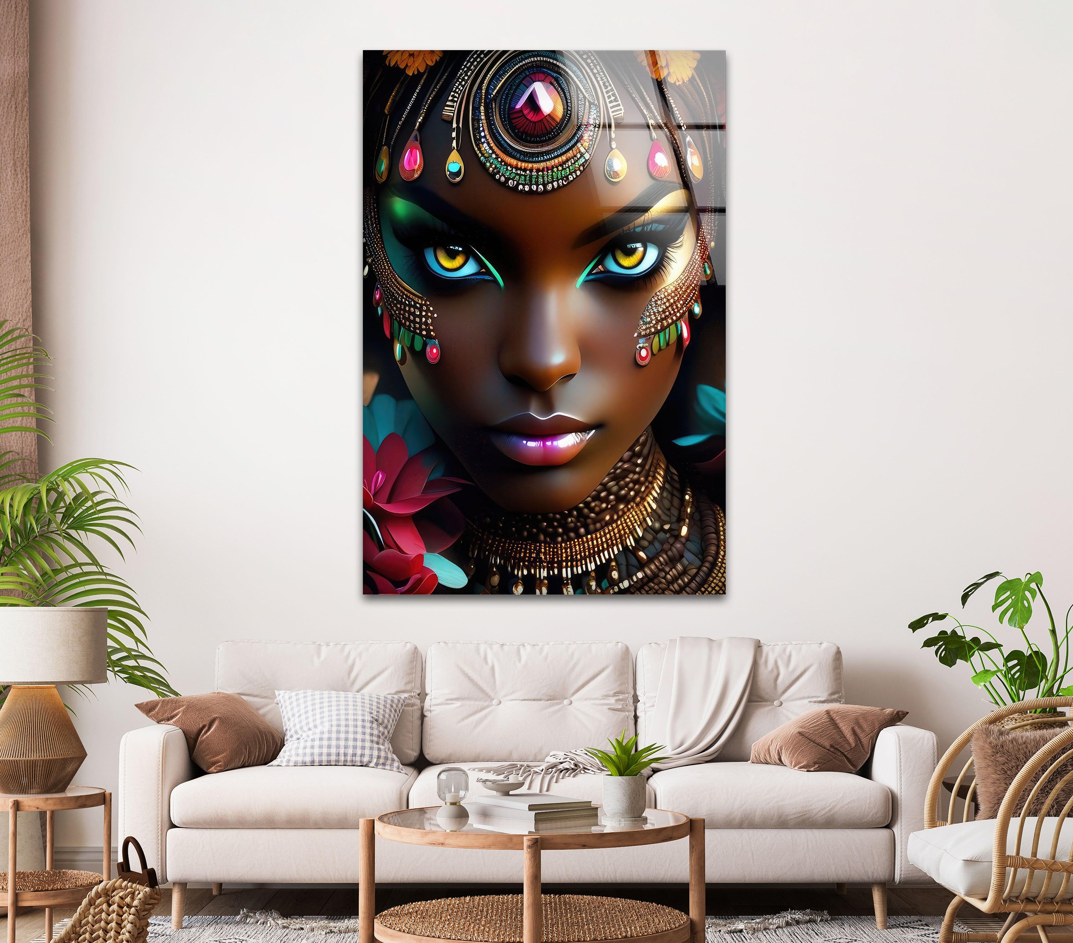 Vibrant African Woman Glass Wall Art - Handmade Modern Home Decor for Living Room, Bedroom & Office - Unique Gift Idea for Housewarming & Holidays