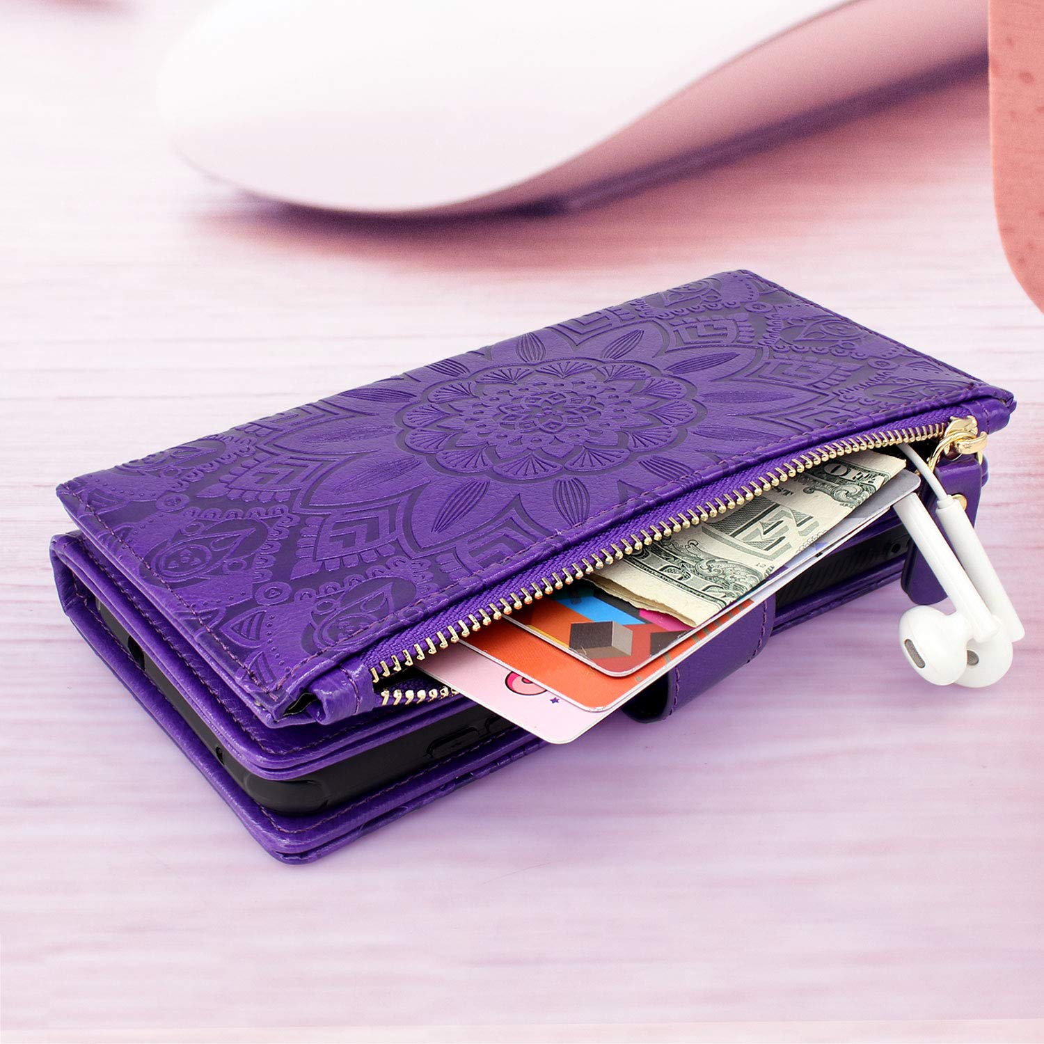 Harryshell Detachable Magnetic Zipper Wallet Case for Motorola Moto G Stylus 5G (2021) - Leather Phone Cover with 12 Card Slots, Cash Pocket & Wrist Strap - Flower Purple | Perfect for Daily Use, Travel & Hands-Free Convenience