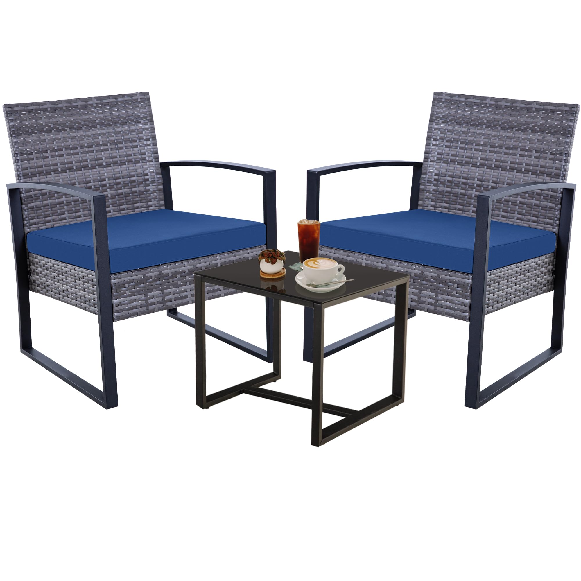 3-Piece Patio Furniture Set - Outdoor Wicker Bistro Set with 2 Chairs, 2 Cushions & Glass Coffee Table - Grey Wicker & Blue Cushions - Perfect for Garden, Balcony, Backyard, Porch, Lawn or Poolside Relaxation