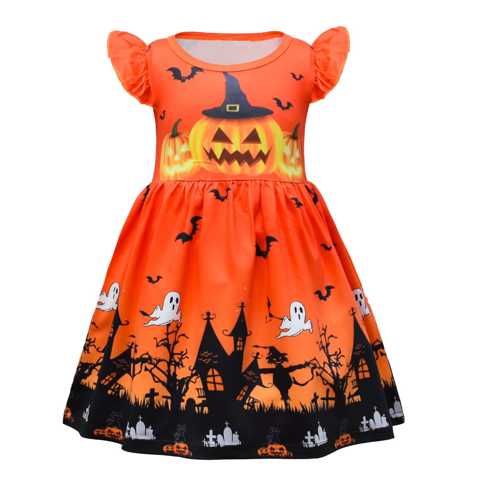 6T Girls Halloween Princess Dress with Cartoon Pumpkin Prints & Fly Sleeves - Toddler Costume for Parties, Trick-or-Treating & Photo Shoots