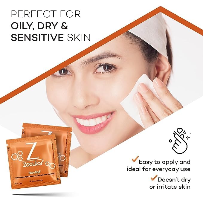Zocuwipe Eyelid Cleansing Wipes with Okra Complex - Hypoallergenic Eyelid Cleanser & Moisturizer Pads (40 Count) + Zocular ZocuZap Facial Cleansing Wipes (30 Count) Bundle - Perfect for Sensitive Eyes, Makeup Removal & Daily Skincare Routine