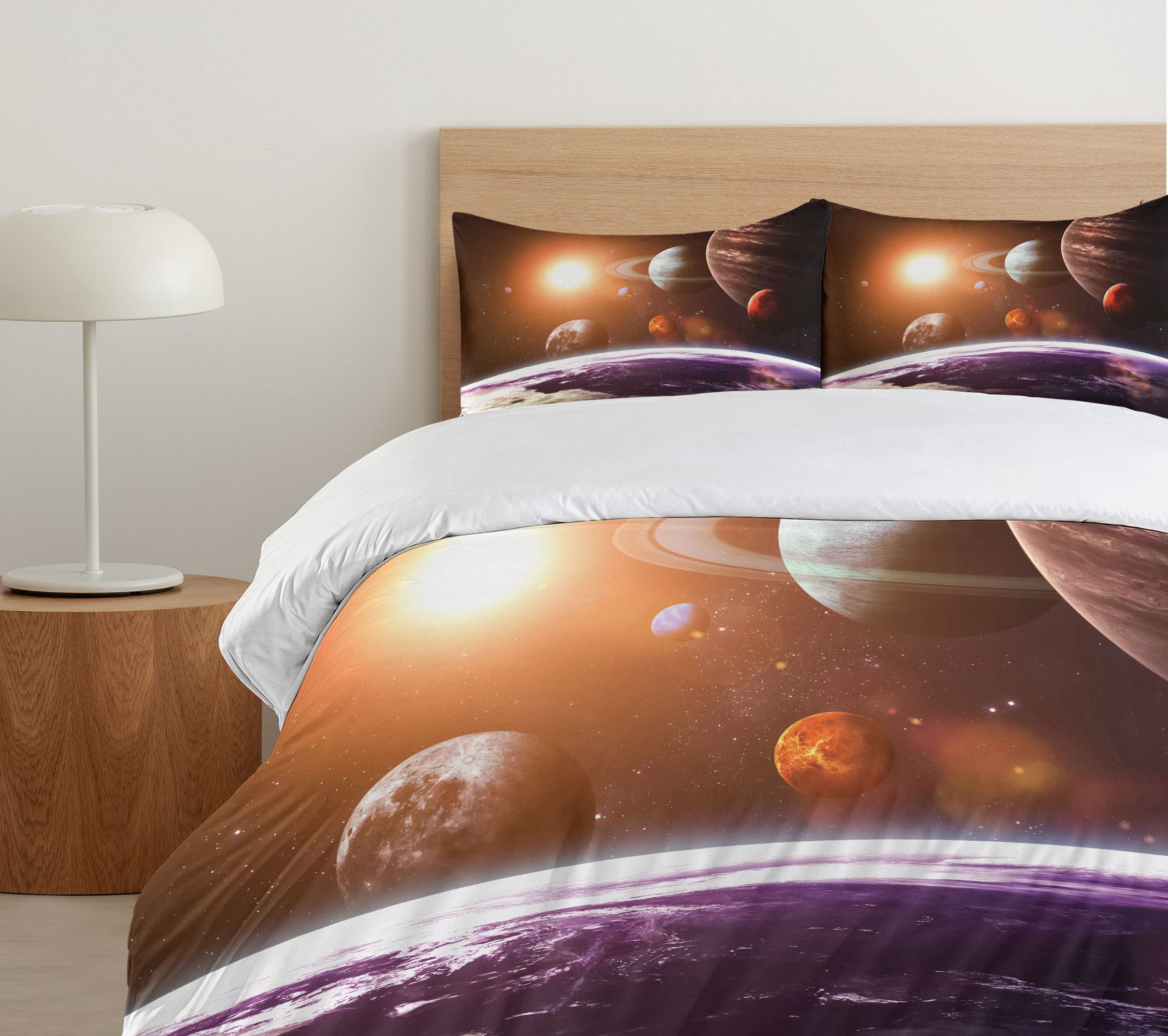 Ambesonne Galaxy Duvet Cover Set - Space Themed Planets, Sun & Moon Design - 3 Piece California King Bedding Set with 2 Pillow Shams in Magenta Orange - Perfect for Astronomy Lovers & Science Themed Bedrooms