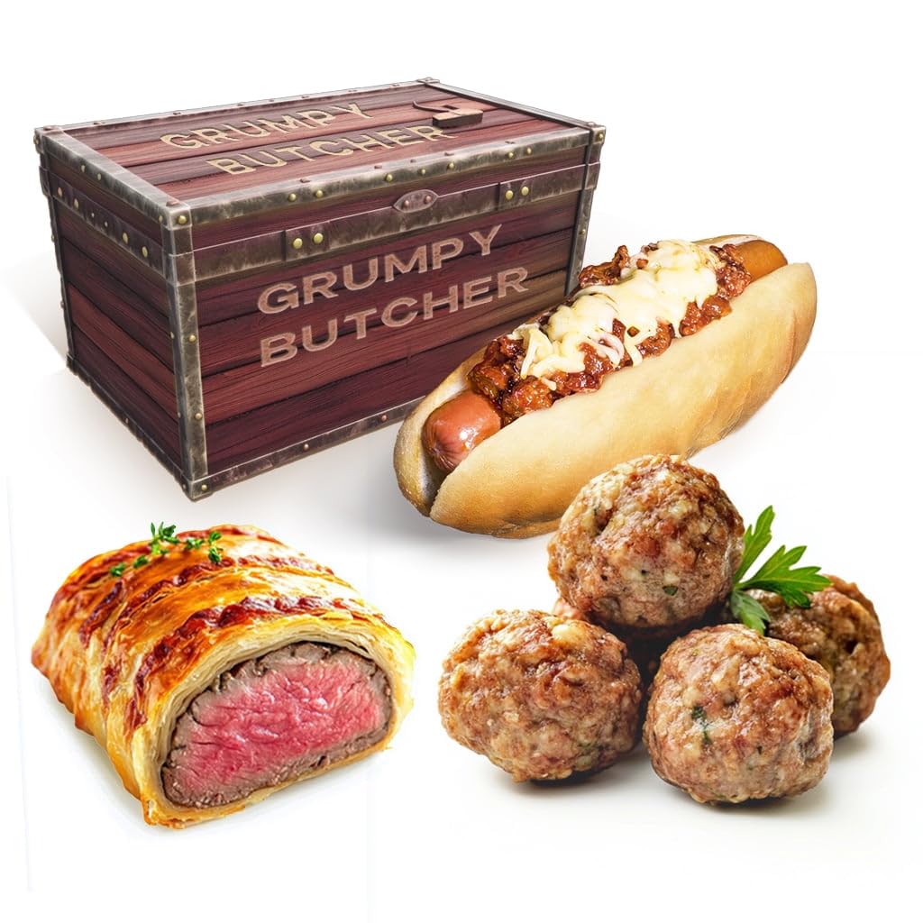 Grumpy Butcher Duke Treat - 12 Mini Beef Wellingtons, 20 Artisan Meatballs & 6 Large Chicken Hot Dogs - Premium Meat Gift Box for Holidays, Parties & Gourmet Food Lovers | Perfect for Christmas Gifts, Corporate Events & Family Gatherings
