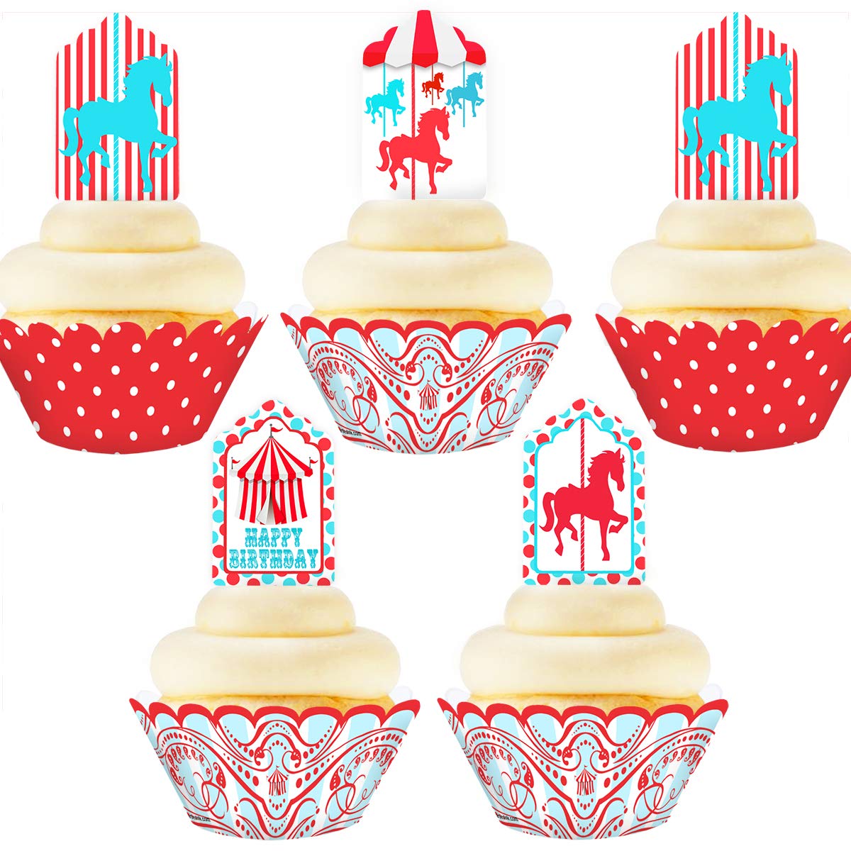 Carousel Circus Cupcake Toppers and Wrappers Set - 24pcs Cupcake Decorations for Birthday Parties, Baby Showers & Circus Themed Events - Premium Carousel Party Supplies with AR Feature