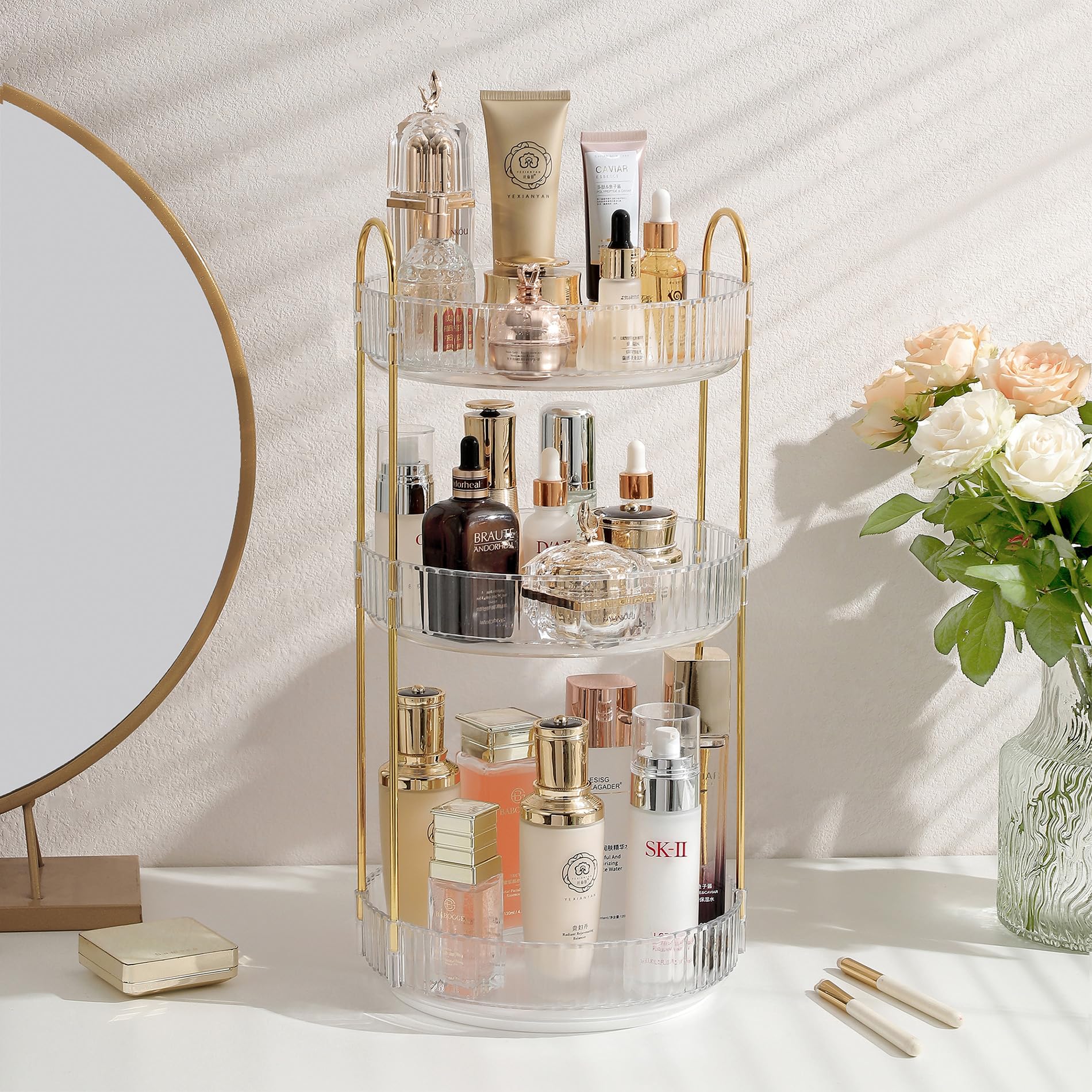 Aveniee 3-Tier Rotating Makeup Organizer | Clear Spinning Cosmetic Holder for Vanity, Dresser & Bathroom Countertop | Perfect for Skincare, Perfume & Beauty Product Storage (White) - Ideal for Small Space Organization & Daily Beauty Routine
