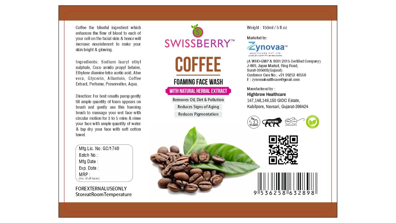 Swissberry Coffee Foaming Face Wash with Natural Herbal Extract - 150ml Cleanser for Acne & Blackheads - Gentle Exfoliating Facial Wash for Oily & Sensitive Skin - Perfect for Morning & Night Skincare Routine