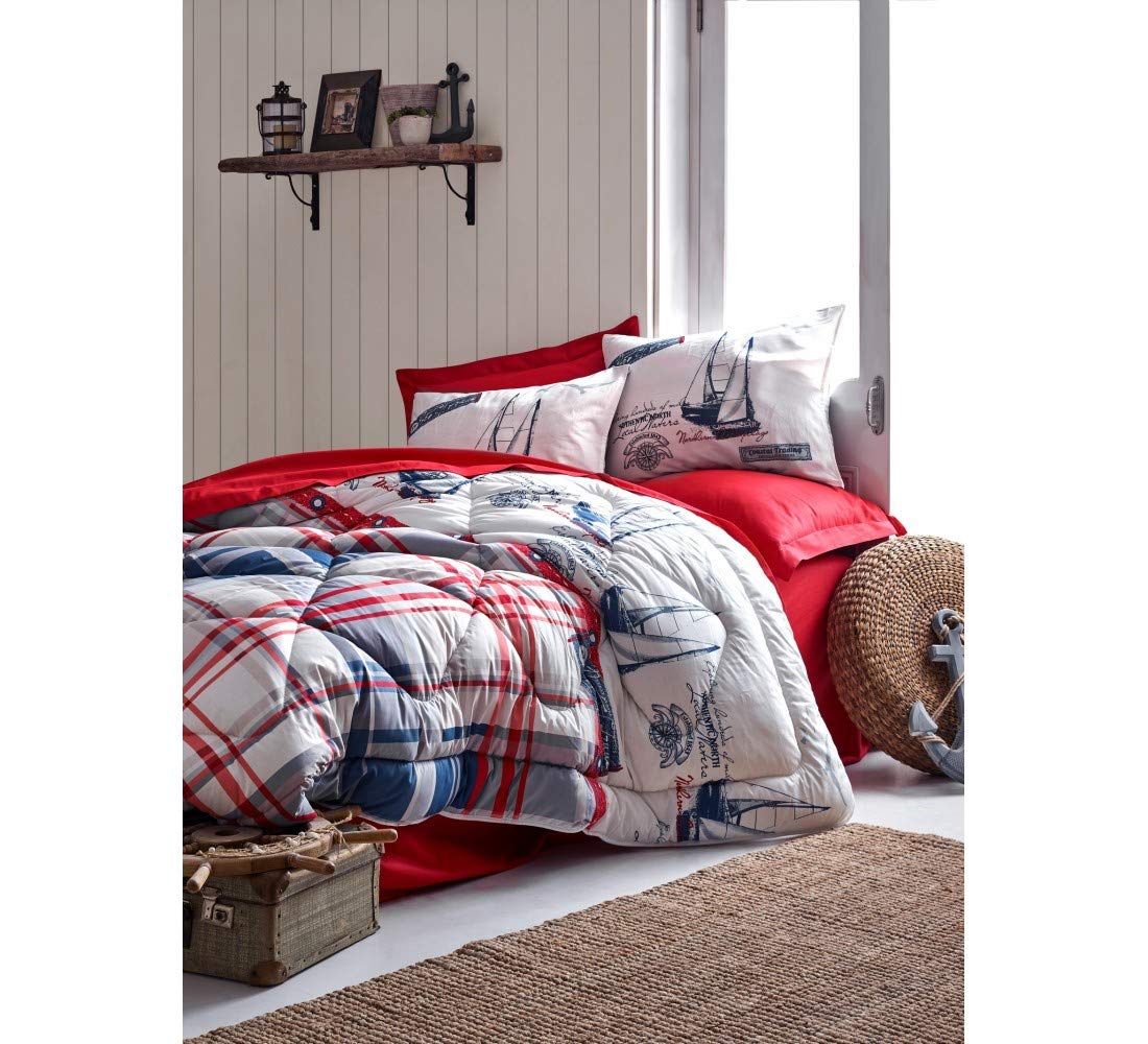 Paradise RANFORCE 100% Cotton Nautical Comforter Set with Flat Sheet - Ship Themed Boys Bedroom Decor - Twin XL/Twin Size 5-Piece Set in Claret Red - Perfect for Kids' Rooms, Dormitories & Coastal Themed Bedrooms