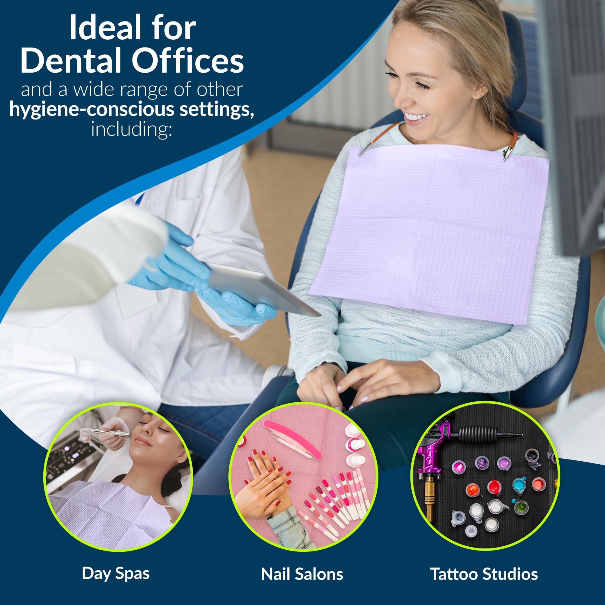 TIDI 917459 Disposable Dental Bibs, Purple (Lavender), 3 Layers, 13” x 18”, Pack of 500 - 2-Ply Tissue with Poly Back for Leak Protection - Ideal for Dental Clinics, Nail Salons & Tattoo Parlors