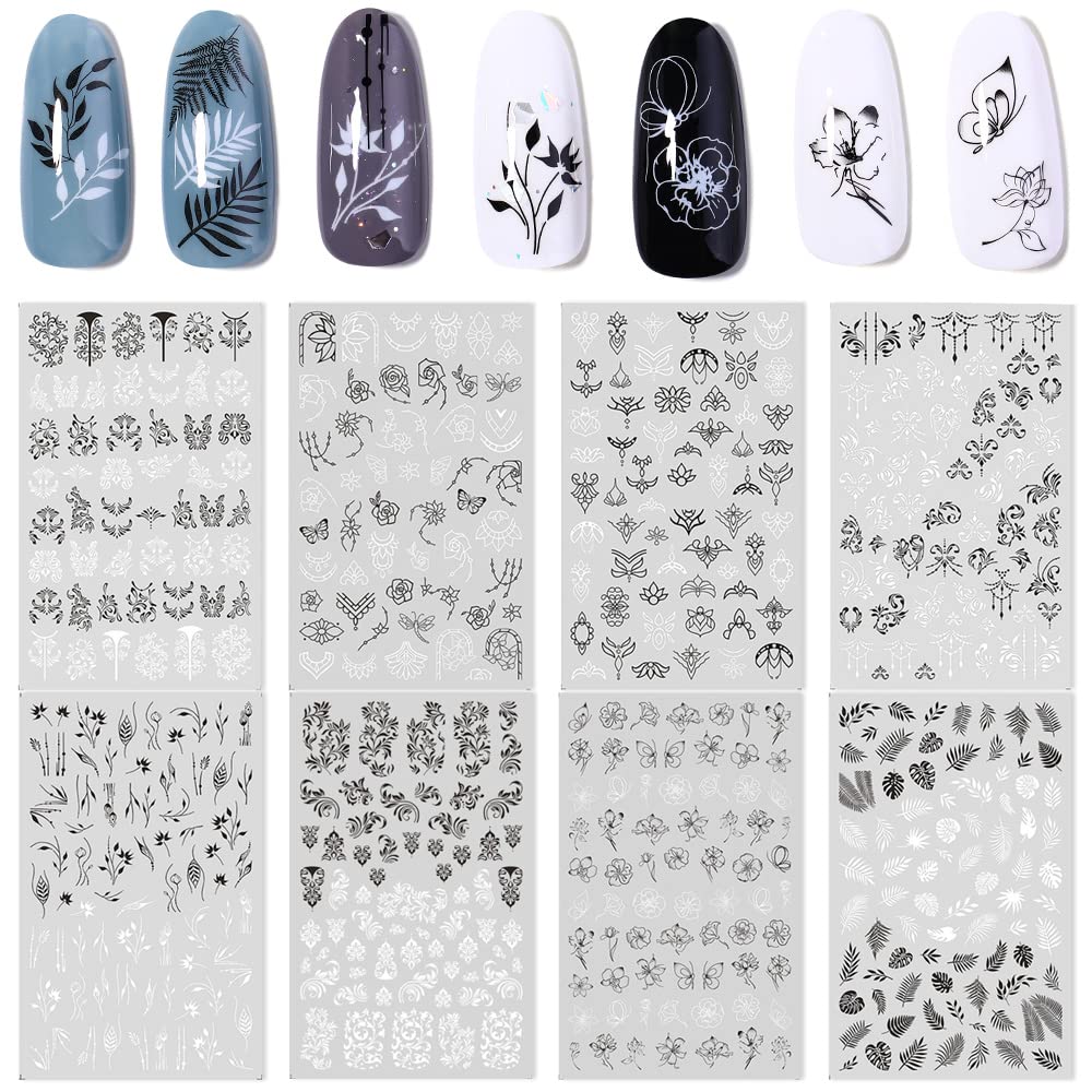 3D Self-Adhesive Nail Stickers - Black & White Floral Vine Leaf Nail Art Decals for Girls, DIY Nail Design Decorations | Perfect for Nail Salons, Home Manicures & Party Nail Art