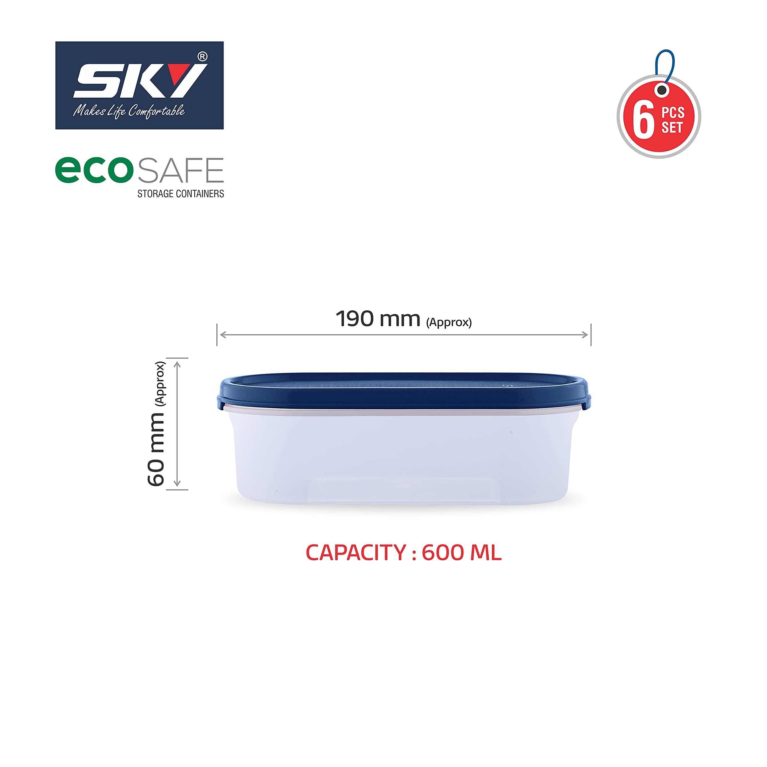 SKY Oval Airtight Food Storage Containers Set - 6-Piece Modular Kitchen Organizer (600ml x6) for Rice, Flour, Sugar, Cereals & Snacks - Stackable, Space-Saving Blue Containers - Perfect for Pantry, Countertop & Meal Prep Organization