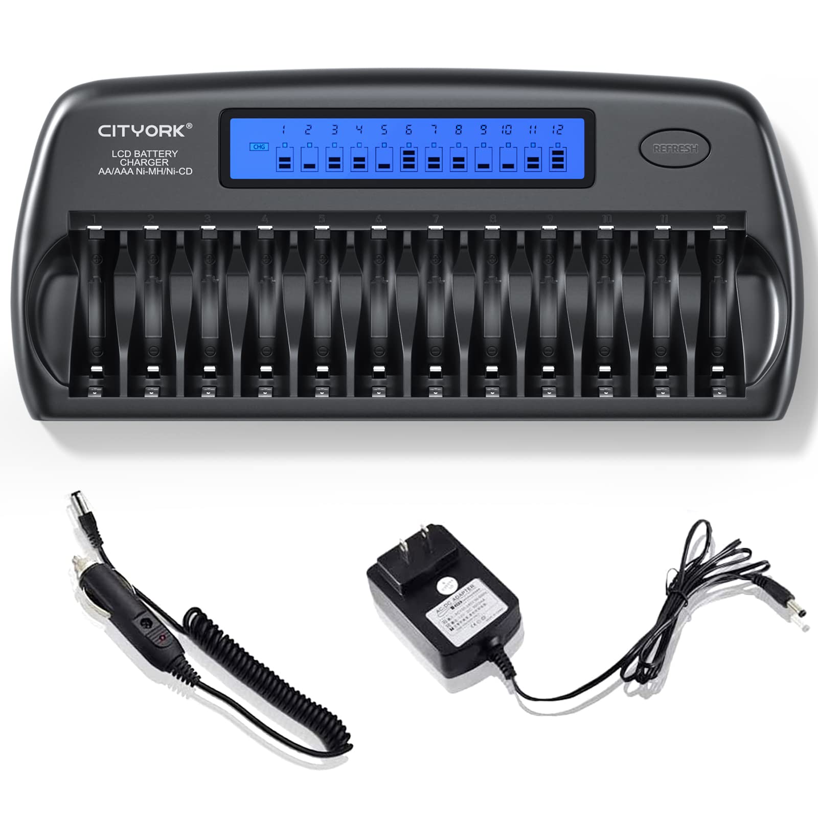 12 Bay LCD Smart Battery Charger for 1.2V AA AAA Ni-MH/Ni-CD Rechargeable Batteries with Refresh Function & AC Adapter - Fast Charging for Cameras, Toys, Flashlights and Electronics