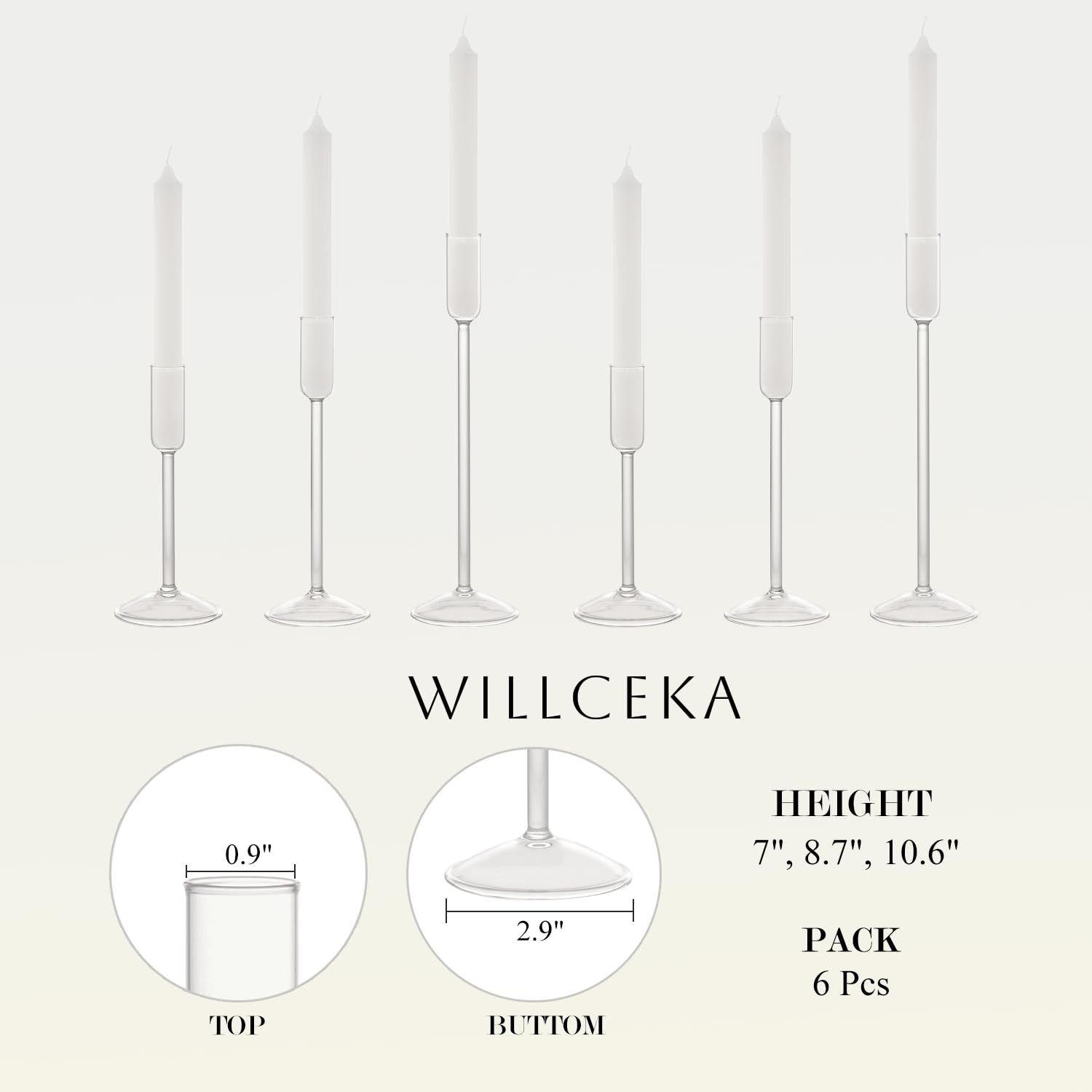 Glass Taper Candle Holders Set of 6 - Clear Tall Candlesticks in 3 Heights for Wedding Centerpieces, Party Decor, Dining Table & Home Decoration