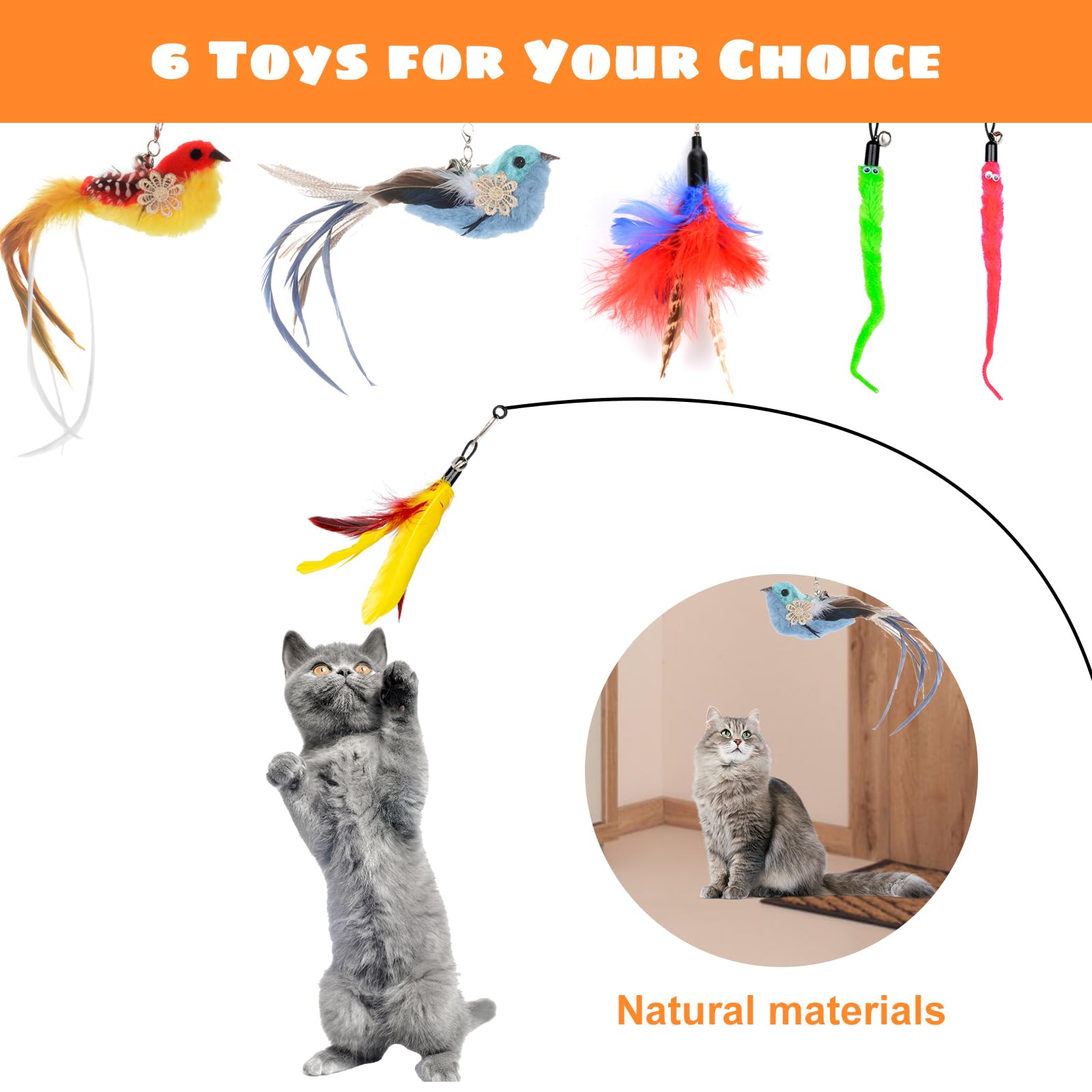 10PCS Interactive Cat Feather Toys with Super Suction Cup - Includes 2 Detachable Wand Toys & 6 Replacement Teaser Refills with Bell - Fun Exercise Toys for Indoor Cats & Kittens - Perfect for Playtime, Training, and Bonding with Your Feline