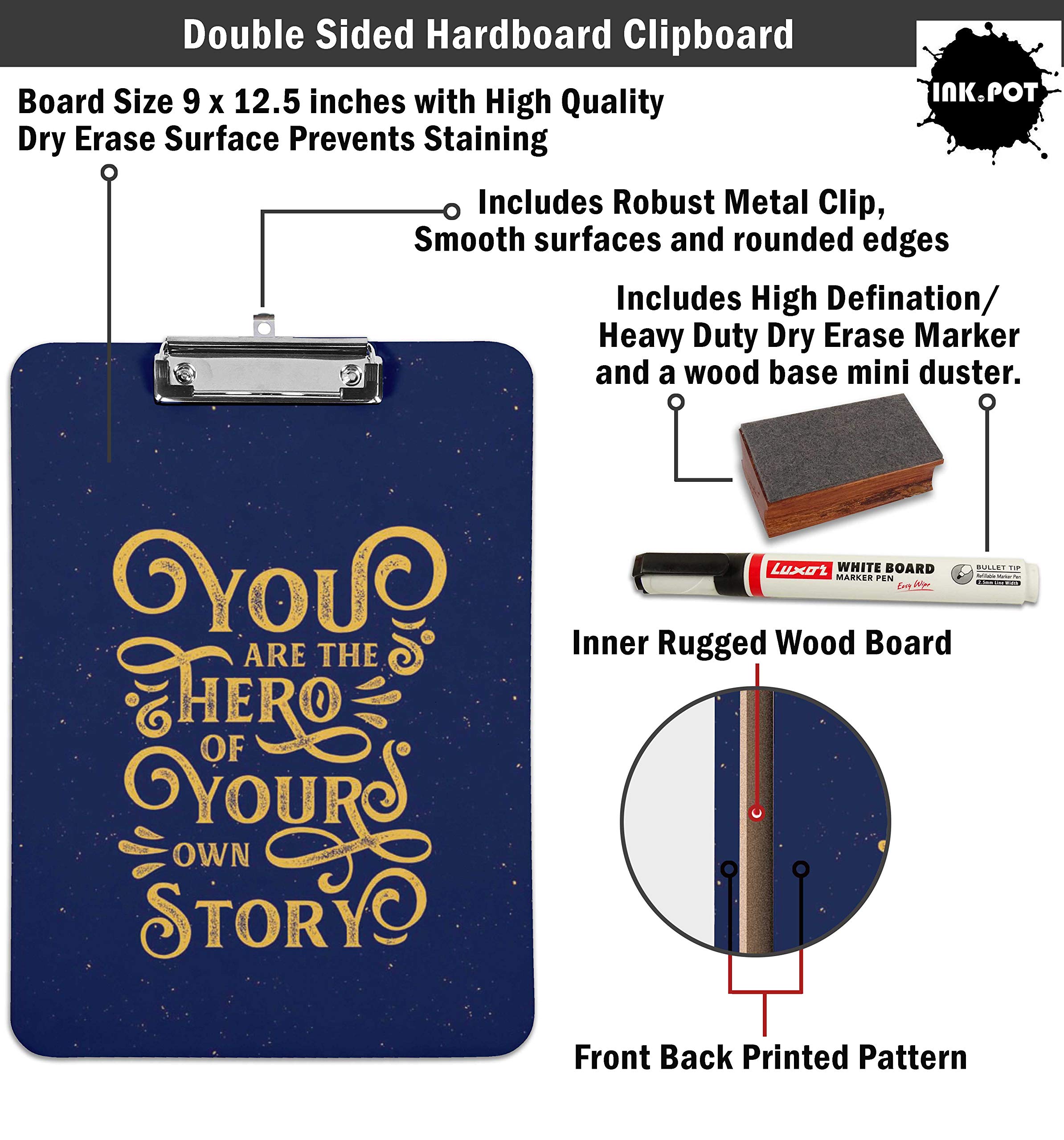 Double Sided Dry Erase Clipboard 9x15 - Letter Size with Free Marker & Duster for Office & School