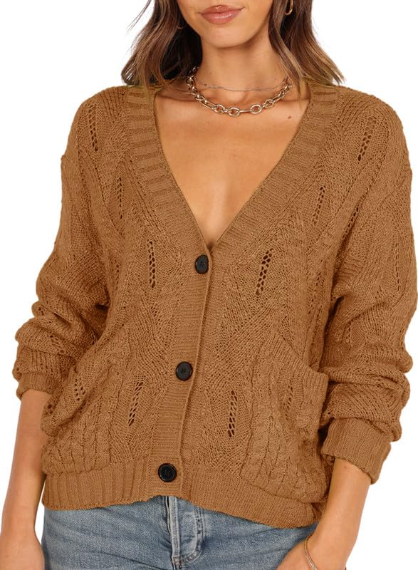 Dokotoo Women's Open Front Cardigan Sweater - Long Sleeve V-Neck Button Down Coat with Pockets | Lightweight Knit Wrap Cover Up for Casual Wear, Office, and Layering Outfits