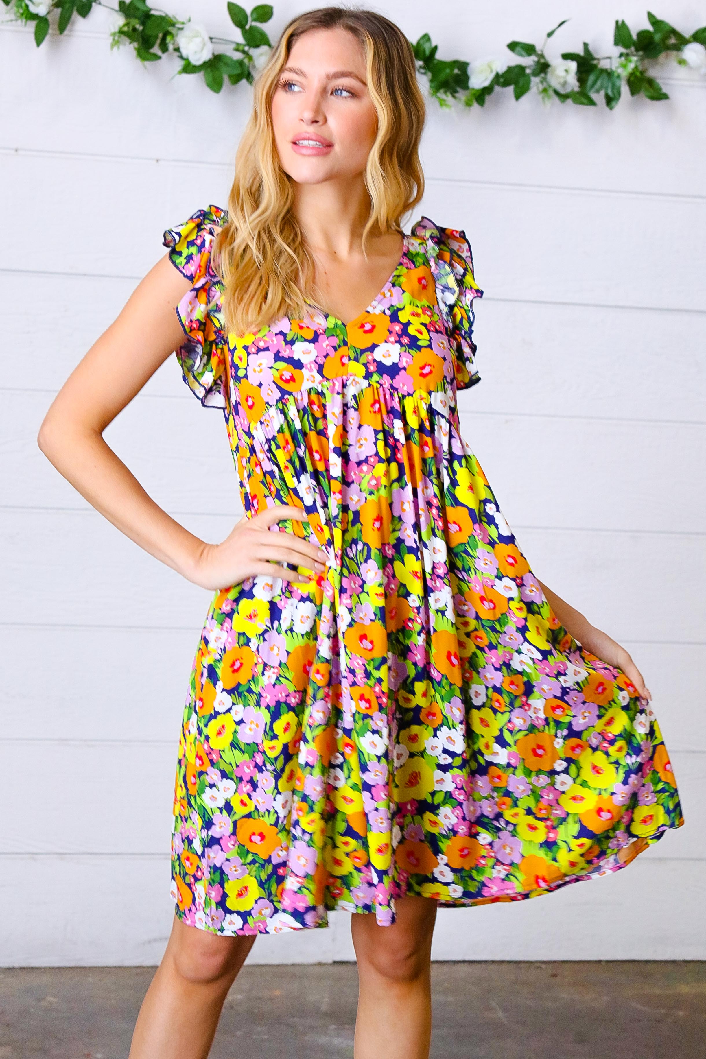 Indigo & Lemon Floral Babydoll Ruffle Dress for Women - Summer Party, Beach Vacation & Date Night Outfit