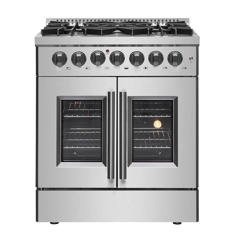FORNO 30 Inch Freestanding Dual Fuel Range - Stainless Steel French Door Oven with 5 Burners & 68,000 BTU - Model FFSGS6356 - Perfect for Modern Kitchens & Professional Cooking