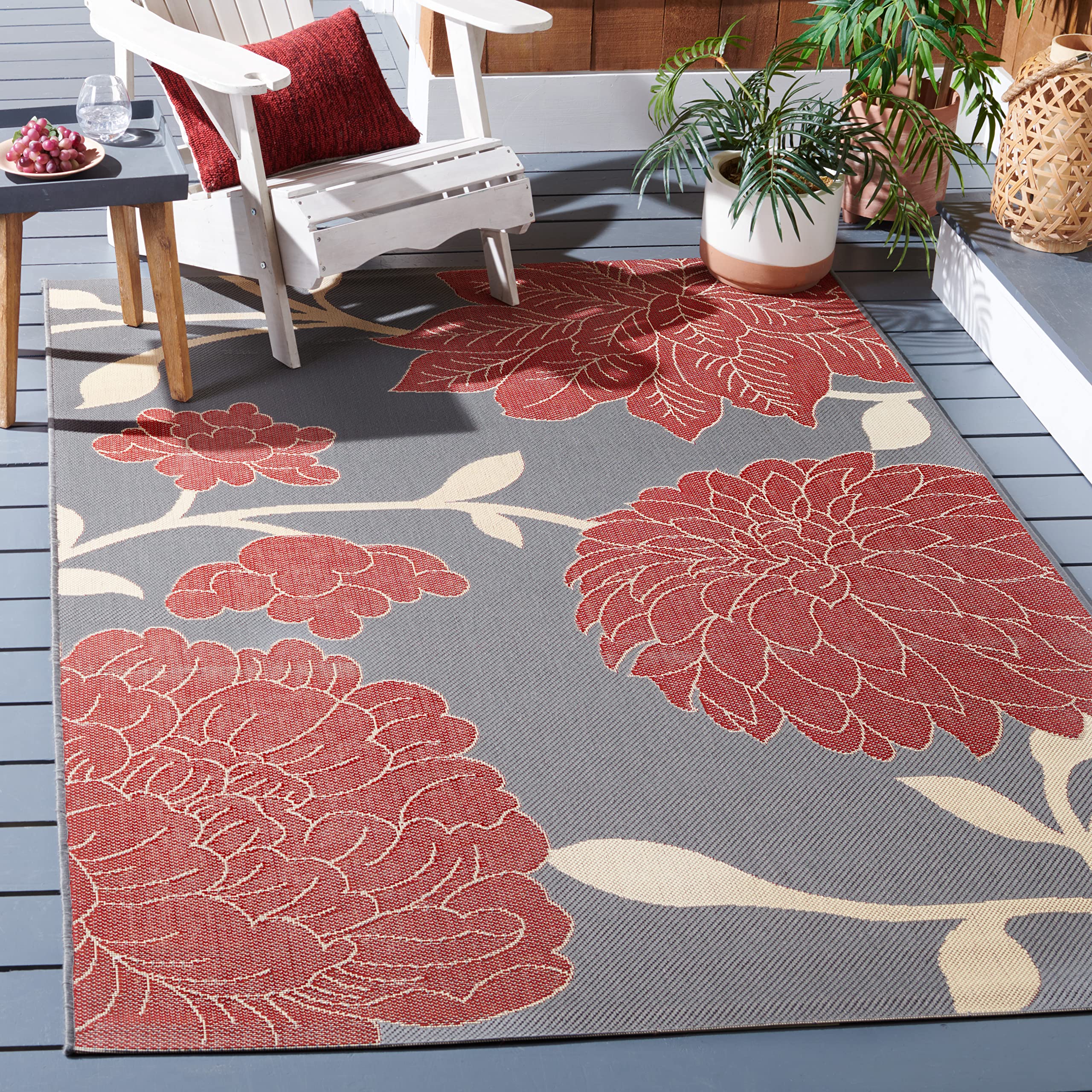 SAFAVIEH Courtyard Collection 8' x 10' Anthracite & Red Indoor Outdoor Rug - Waterproof, Easy Clean, Non-Slip - Perfect for Patio, Backyard, Mudroom, Deck & Poolside Use