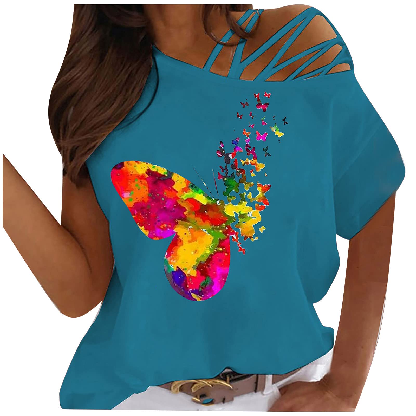 Sexy Off Shoulder Strappy Tee Shirts for Women - Summer Casual Short Sleeve Crew Neck T-Shirt | Perfect for Beach Outings, Date Nights & Summer Vacations