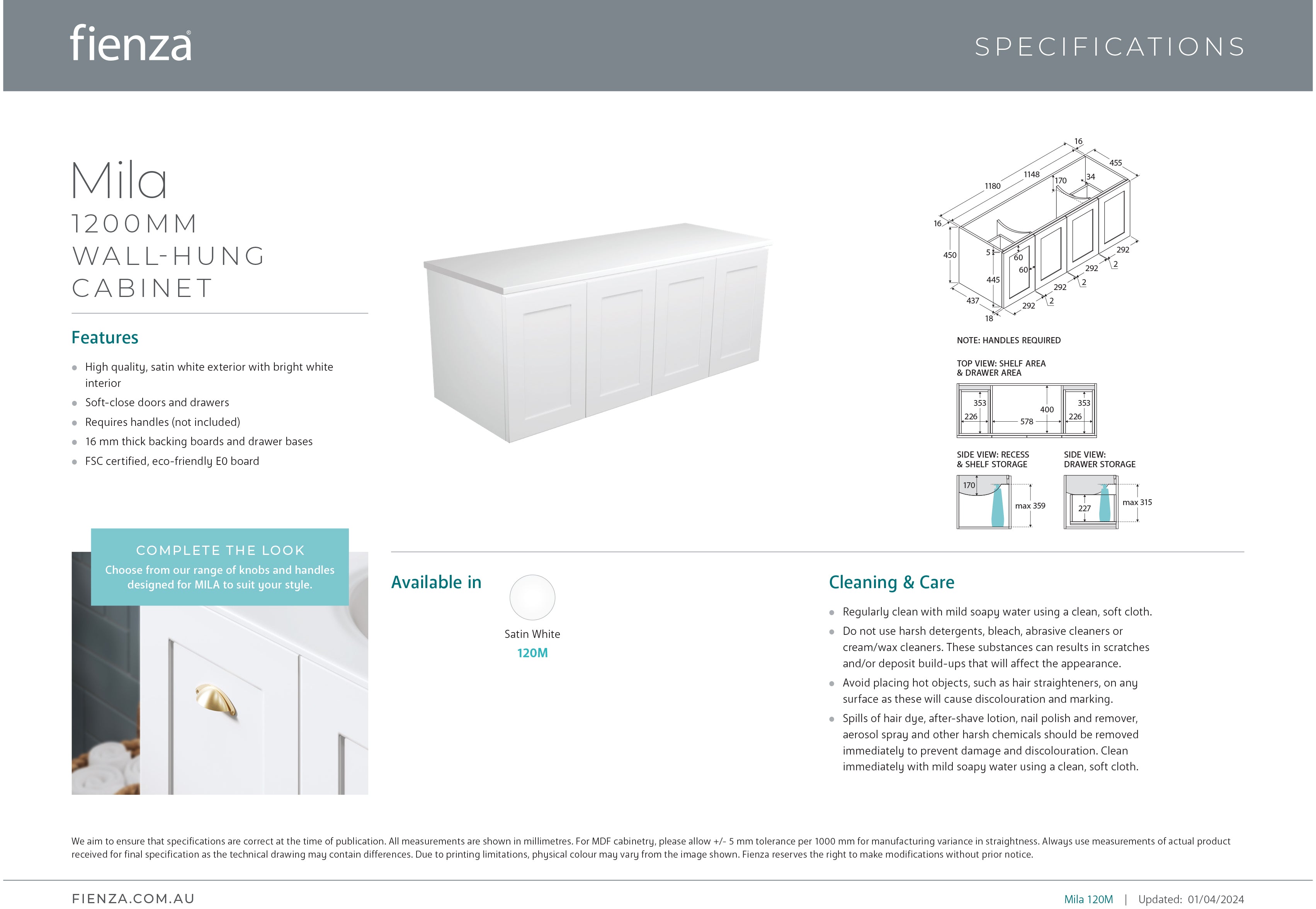 Fienza 120M Mila 1200mm Wall Mounted Bathroom Vanity Cabinet - Modern Floating Storage for Small Bathrooms & Powder Rooms
