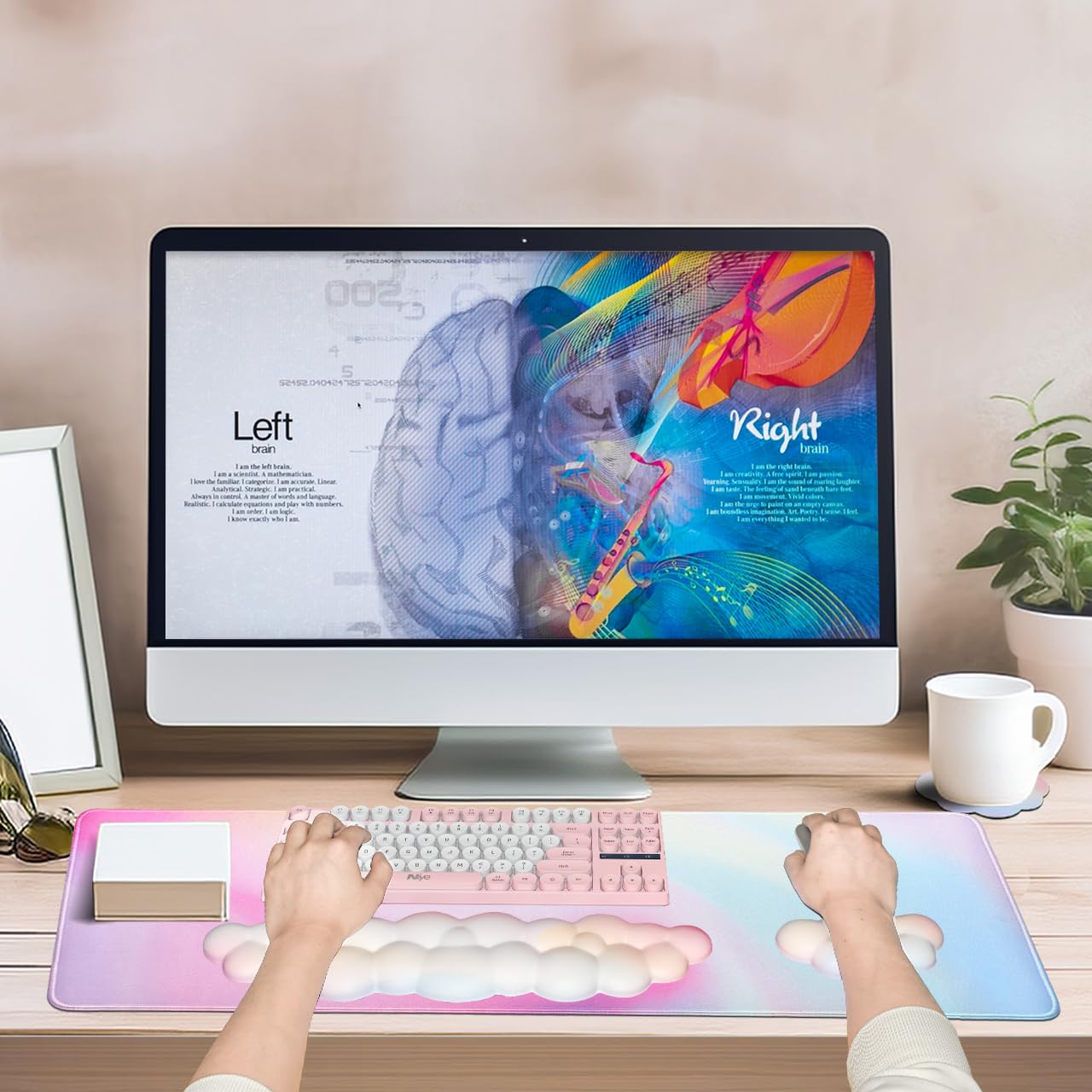 JIKIOU Large Ergonomic Cloud Mouse Pad Set - Waterproof Desk Mat with Wrist Support for Keyboard & Mouse, Rainbow Design 31.5x11.8in - Perfect for Gaming, Office Work & Long Computer Sessions