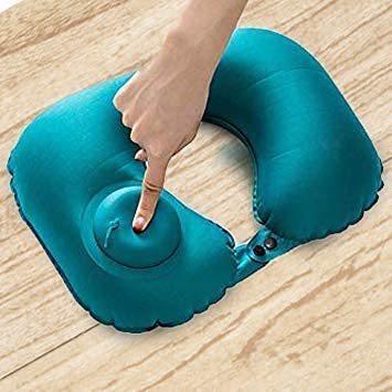 HOMAVA Silk Travel Backpack Neck Pillow - Manual Press Automatic Inflatable U-Shaped Pillow for Airplane, Car, Office - 15.74 X 11.02 Inch, Blue - Perfect for Long Flights, Road Trips & Work Comfort