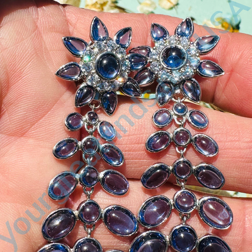 Elegant Sterling Silver CZ & Blue Glass Shoulder Duster Earrings - Pierced or Clip-On Options - Perfect for Weddings, Parties & Evening Events