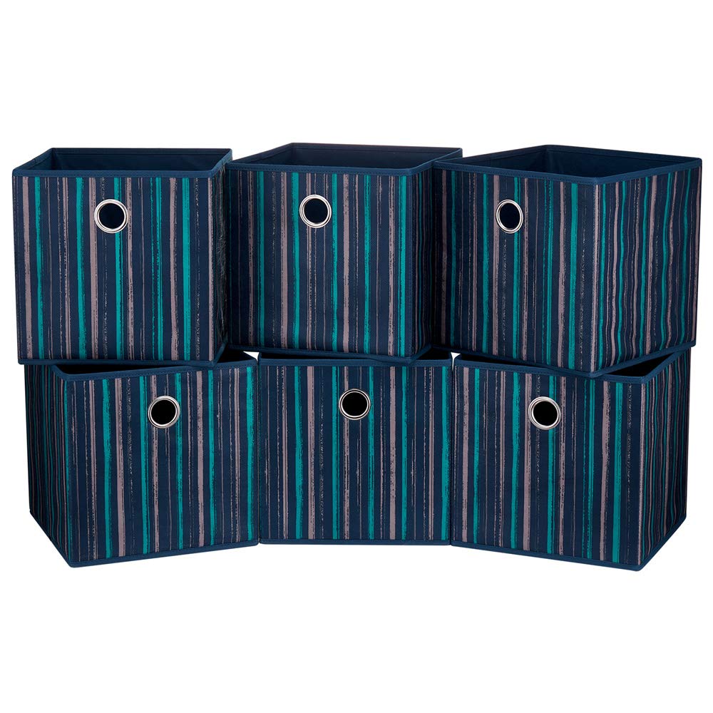Blue Teal Printed Vertical Stripe Fabric Storage Cubes 11x11x11 Inch - Foldable Cube Bins, Storage Baskets & Drawer Inserts for Closet, Office, Nursery Organization (Set of 6) - Perfect for Home, Dorm & Classroom Organization