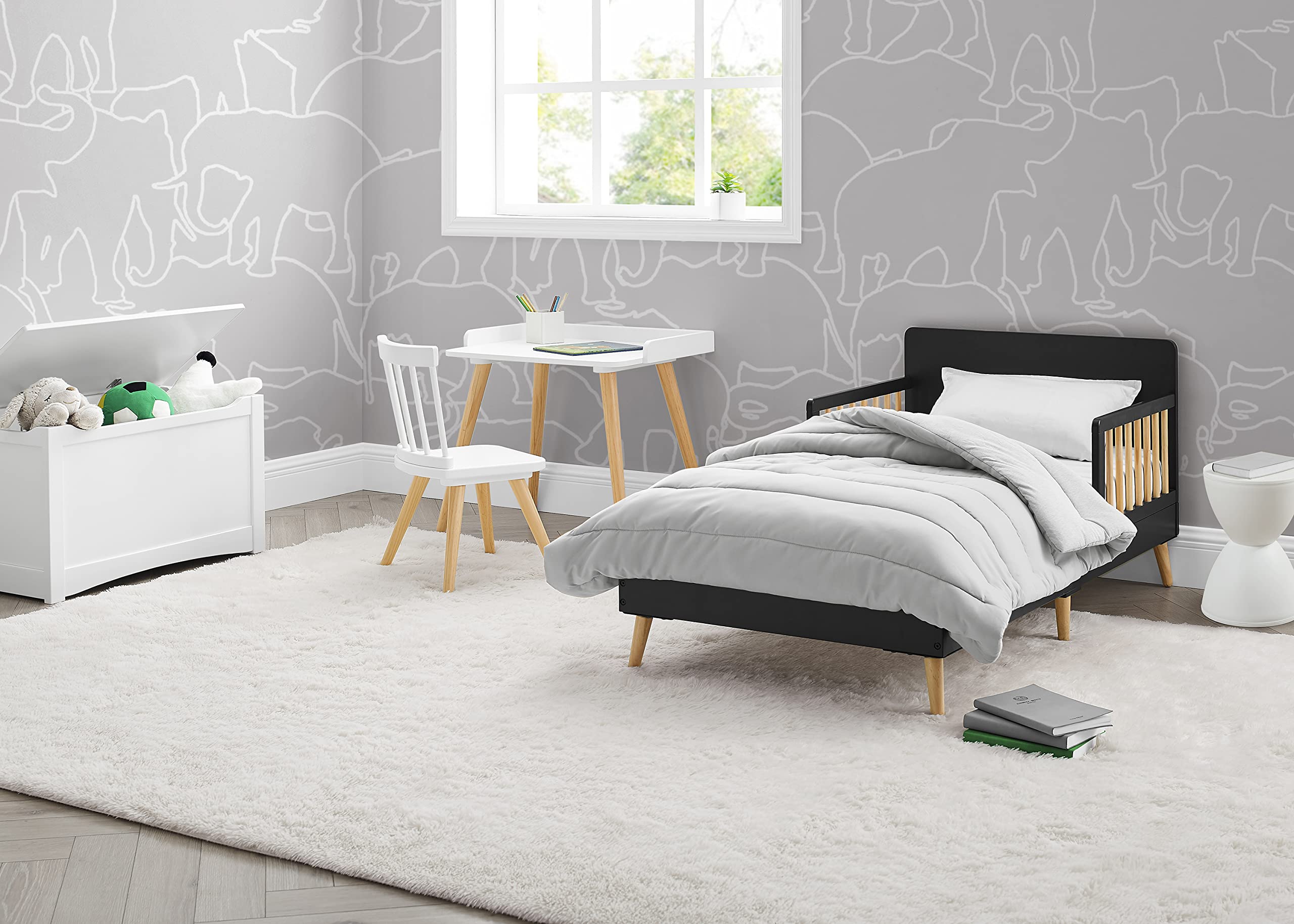 Delta Children Logan Wood Toddler Bed with Simmons Kids SlumberTime Naturally 2-Stage Premium Foam Mattress - Waterproof, GREENGUARD Gold Certified - Midnight Grey/Natural - Perfect for Nursery, Daycare & Toddler Bedroom Transition