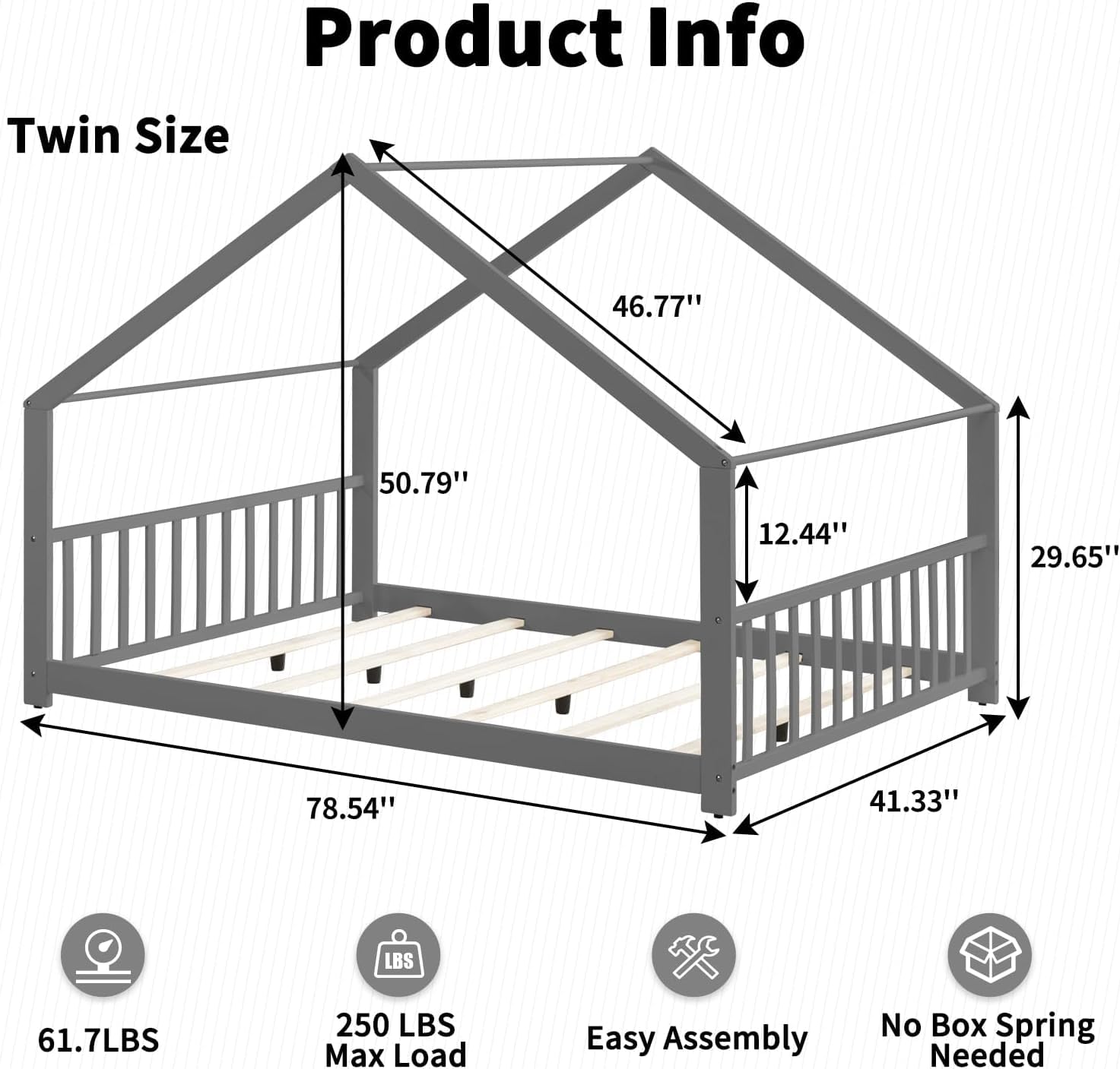 Montessori Floor Bed Full Twin Size - Solid Wood House Bed with Headboard & Footboard, No Box Spring Needed, Playhouse Toddler Bed Frame for Boys & Girls (Grey) - Perfect for Montessori Rooms, Kids Bedrooms & Play Areas