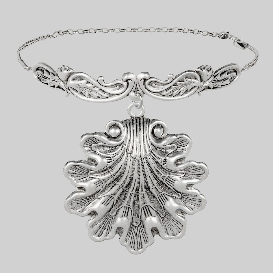 SYRENA Silver Ornate Seashell Choker Necklace - Elegant Beach Jewelry for Women, Perfect for Summer Vacations, Boho Weddings & Coastal Fashion