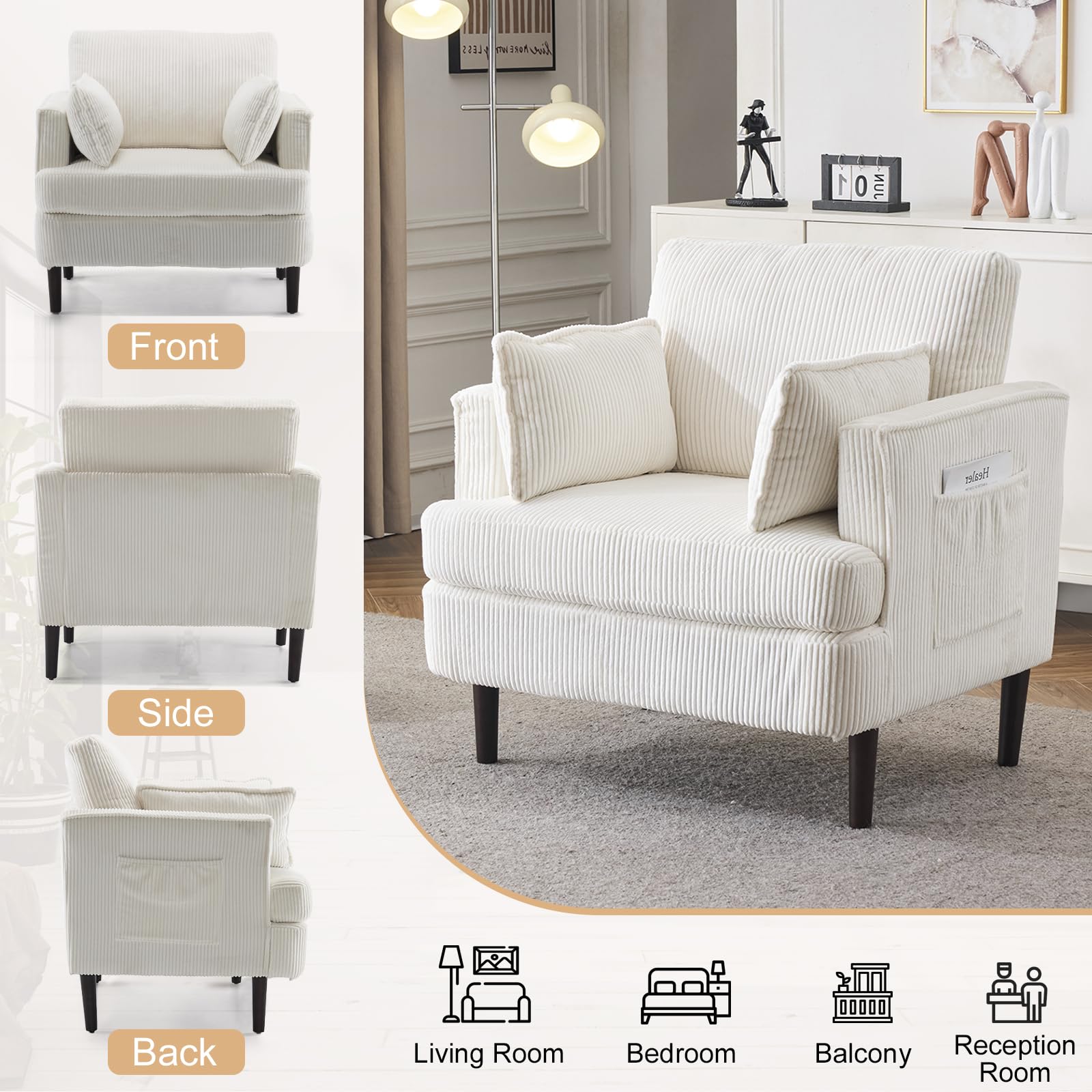 Karl Home Modern Accent Chair - Corduroy Upholstered Armchair with 2 Pillows & Side Pocket, Barrel Sofa Chair with Sturdy Solid Wood Legs - Comfortable Reading Chair for Living Room, Bedroom & Office (Beige) - Perfect for Relaxing, Reading & Small Space Decor